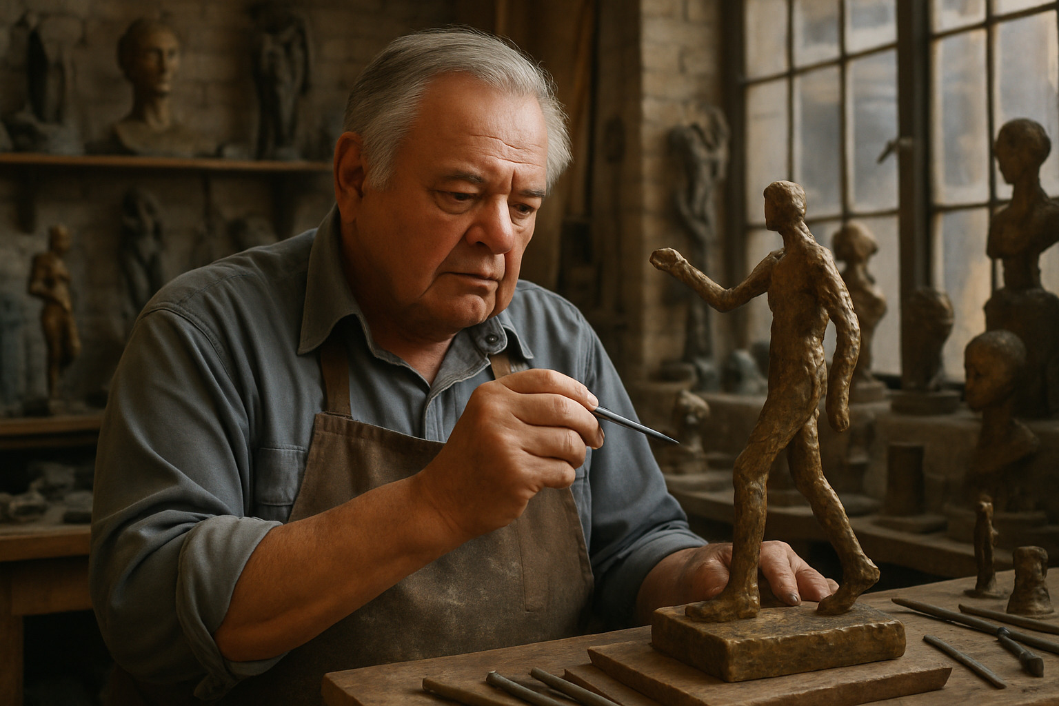 Paul Sorvino working on bronze sculpture in his studio - paul sorvino