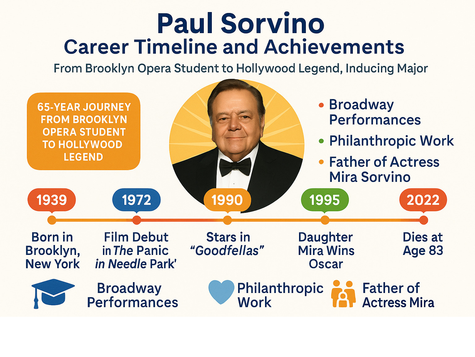 Paul Sorvino Career Timeline and Achievements - showing his 65-year journey from Brooklyn opera student to Hollywood legend, including major film roles, Broadway credits, philanthropic work, and family milestones - paul sorvino infographic 