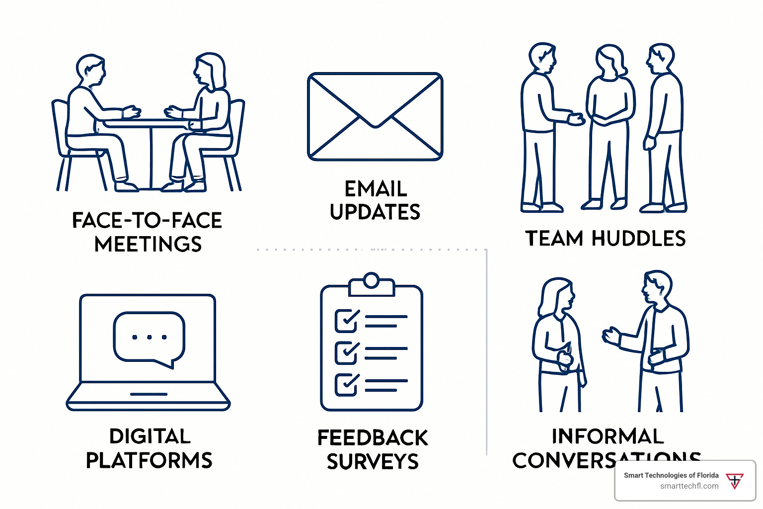 Communication channels diagram showing various methods: face-to-face meetings, email updates, team huddles, digital platforms, feedback surveys, and informal conversations - organizational change management