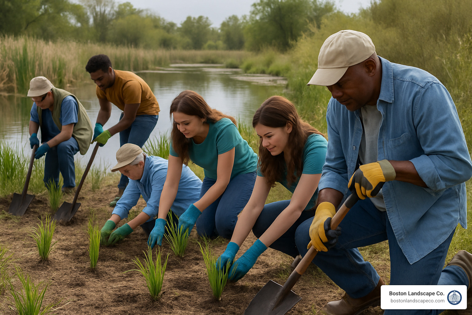 community volunteers planting native wetland plants - Wetland Restoration