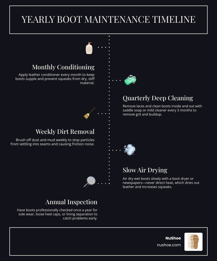 Infographic showing a yearly boot maintenance timeline with monthly conditioning, quarterly deep cleaning, and annual professional inspection - stop boots from squeaking infographic infographic-line-5-steps-dark