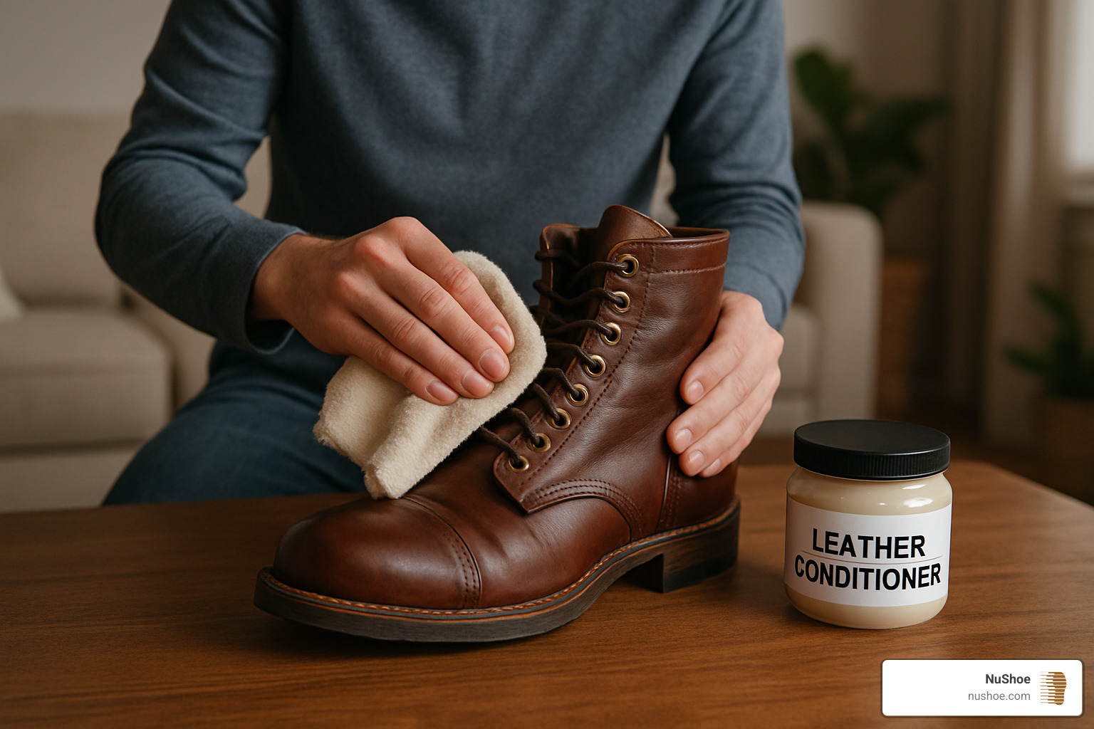 Person applying leather conditioner to boots with a cloth, showing proper conditioning technique - stop boots from squeaking