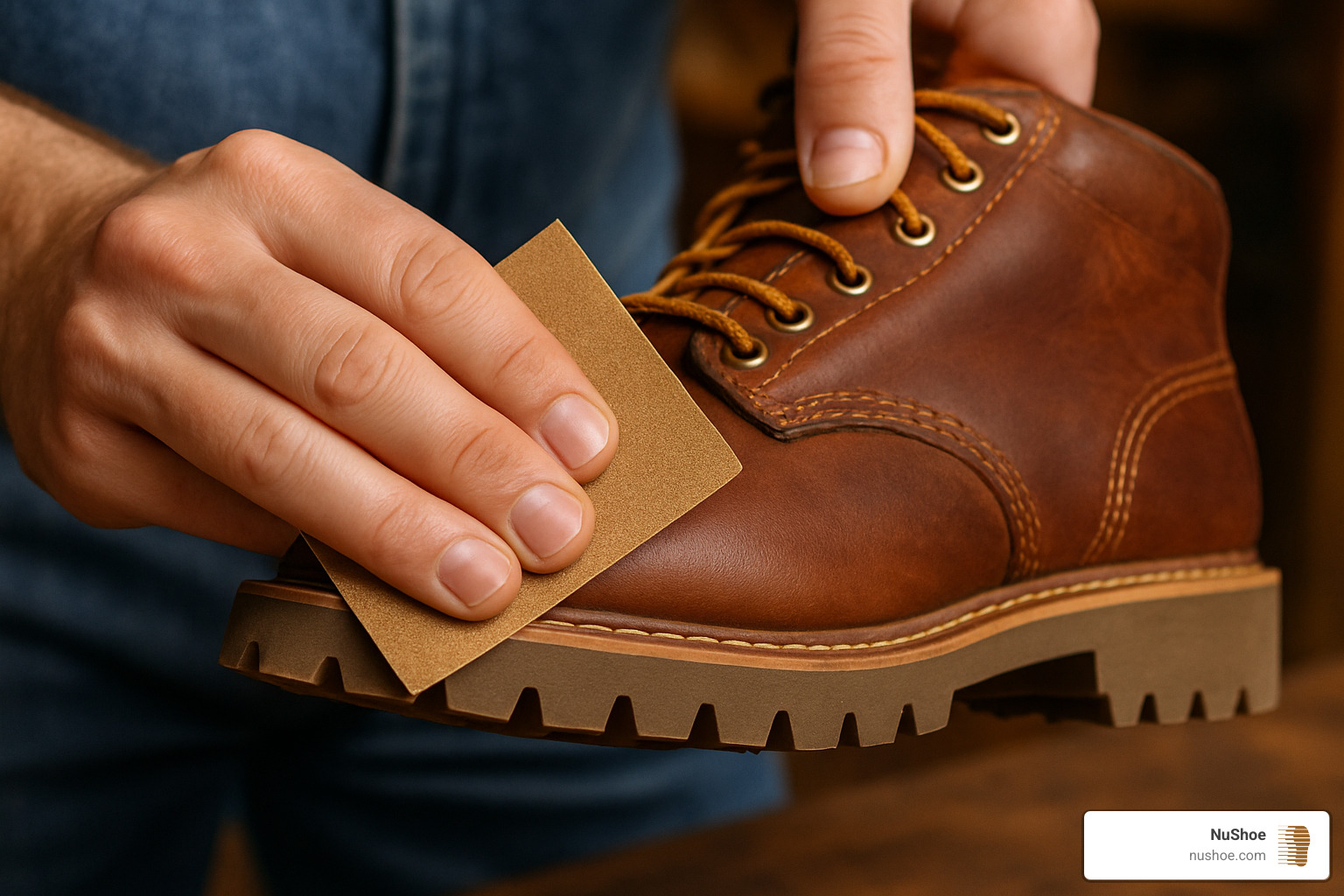 Person using fine sandpaper to lightly roughen the smooth outsole of a boot - stop boots from squeaking