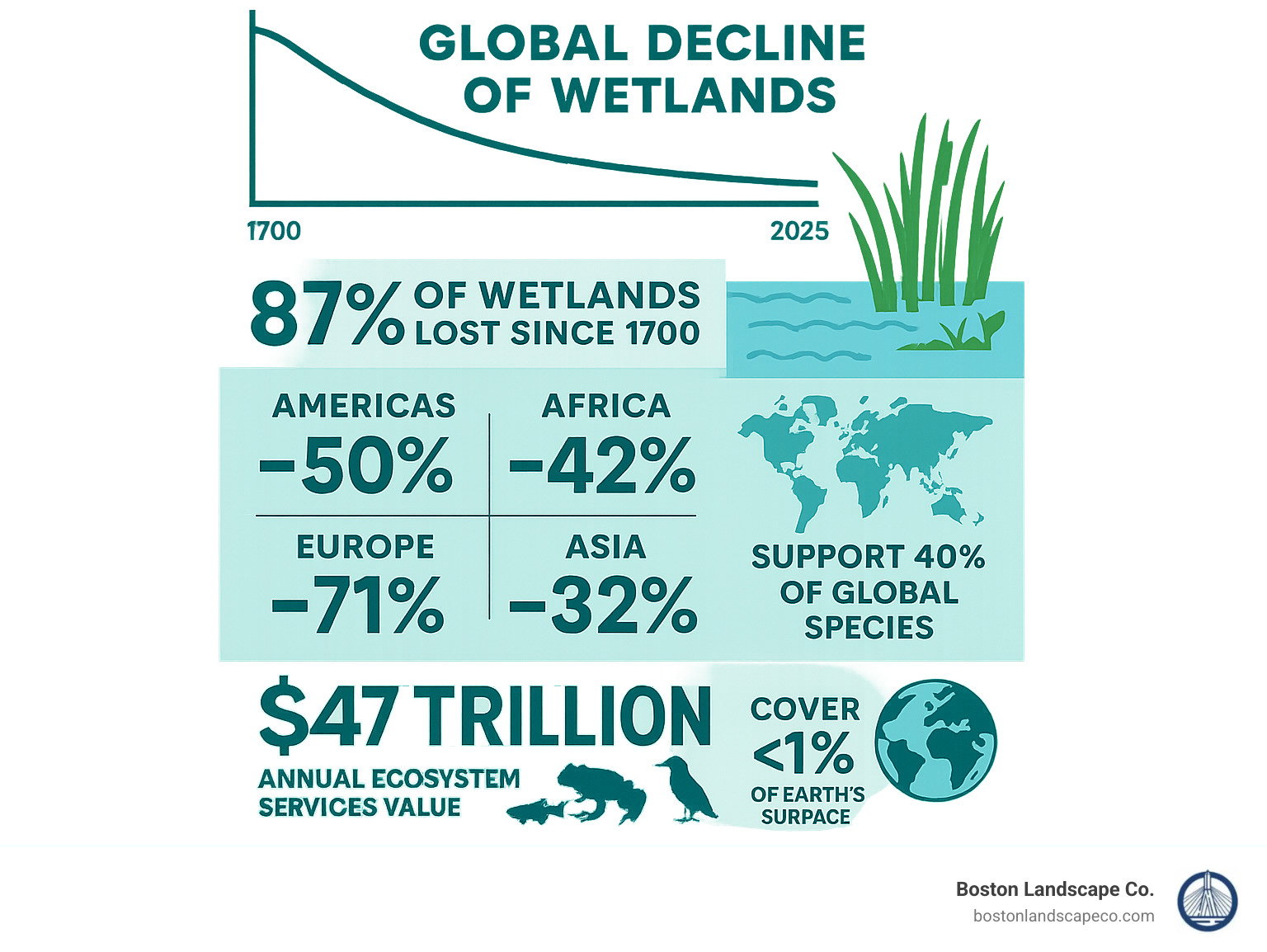 Infographic showing the global decline of wetlands from 1700 to present, with statistics on wetland loss percentages by region, ecosystem services value of $47 trillion annually, and the role of wetlands in supporting 40% of global species while covering less than 1% of Earth's surface - Wetland Restoration infographic 