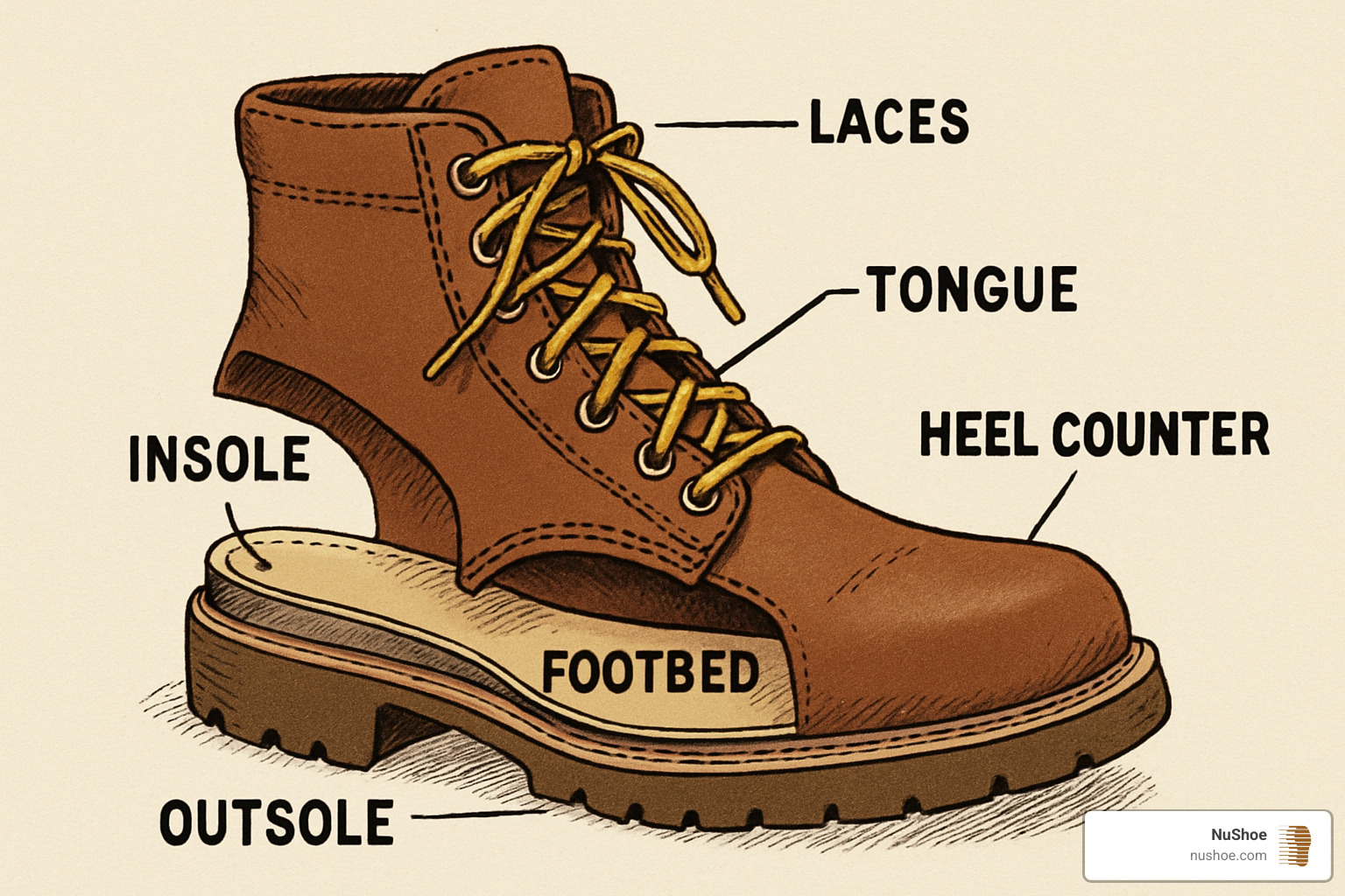 Boot anatomy diagram showing internal components like insole, footbed, heel counter, and external parts like outsole, tongue, and laces - stop boots from squeaking