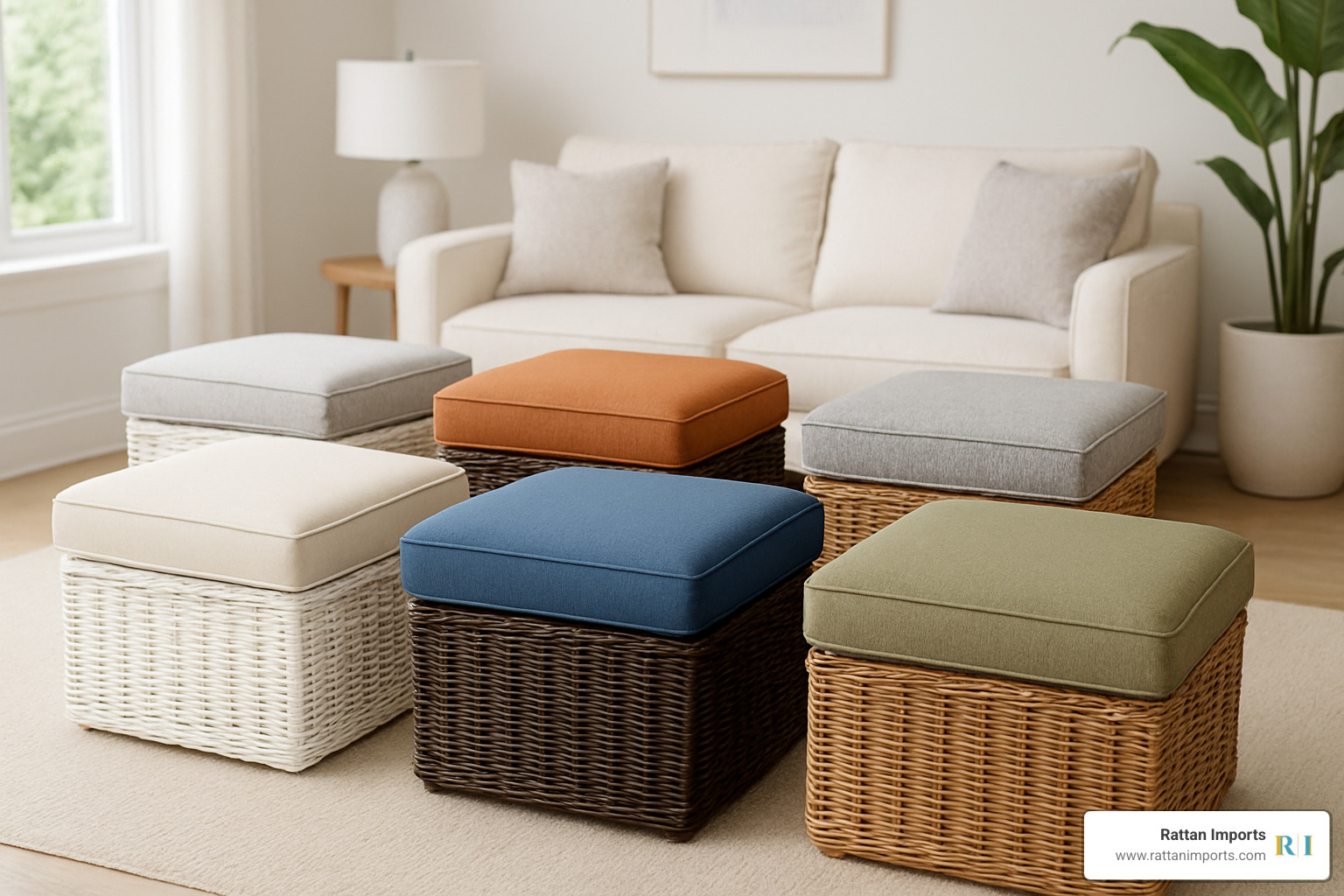 Color palette showing popular wicker ottoman finishes and cushion fabric options - wicker storage ottoman with cushion