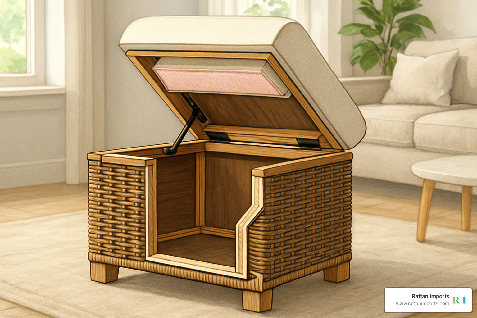 Cross-section view showing internal storage compartment of wicker ottoman with cushion - wicker storage ottoman with cushion
