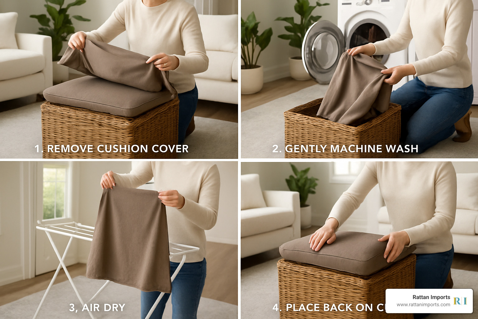 Step-by-step visual guide showing proper cushion washing and care techniques - wicker storage ottoman with cushion