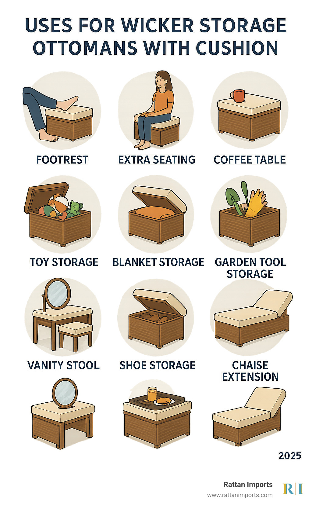 Comprehensive guide showing 10 different uses for wicker storage ottomans with cushions including footrest, extra seating, coffee table, toy storage, blanket storage, garden tool storage, vanity stool, shoe storage, tray table, and chaise extension - wicker storage ottoman with cushion infographic 