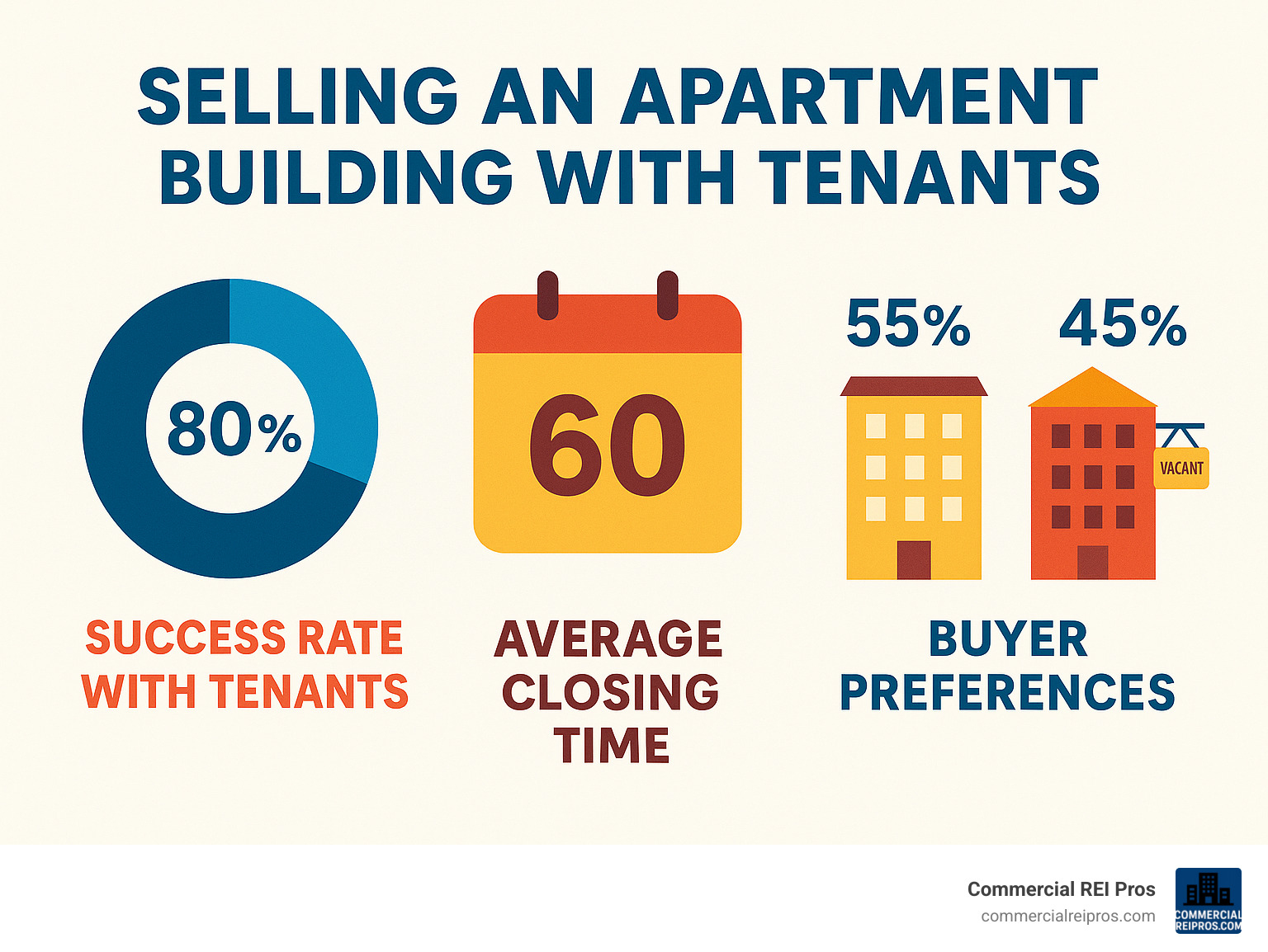 Infographic showing statistics about tenant-occupied apartment building sales, including success rates, average closing times, and buyer preferences for occupied vs vacant properties - can you sell apartment building with tenant infographic 