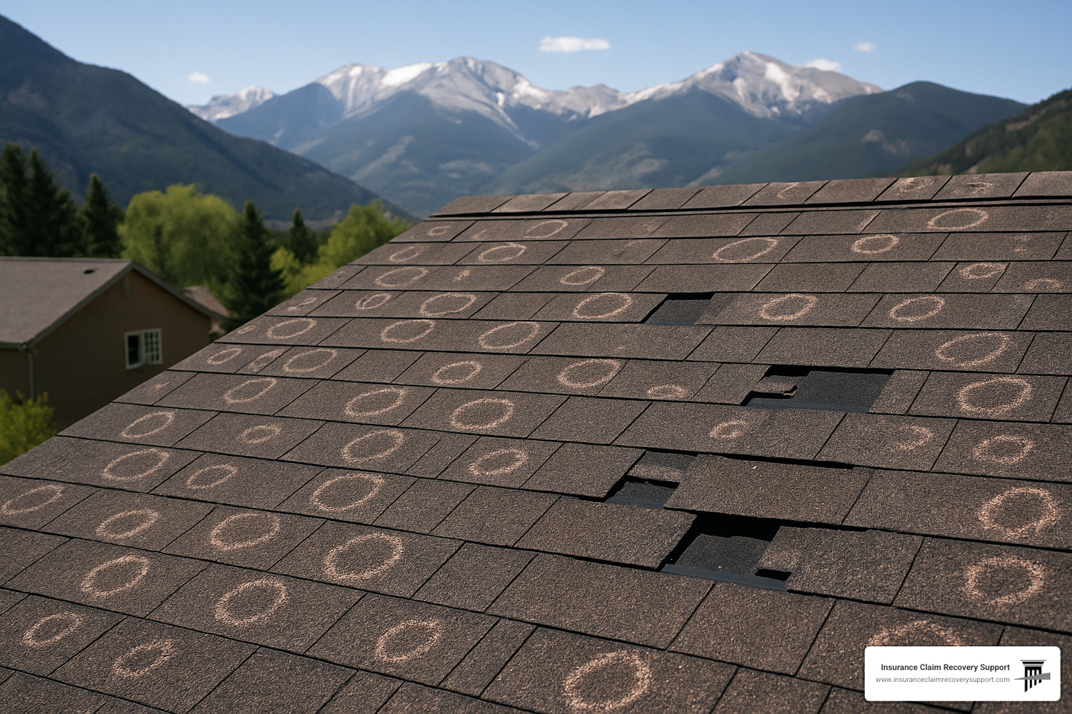 hail damaged roof showing impact marks and missing shingles - public adjuster Colorado
