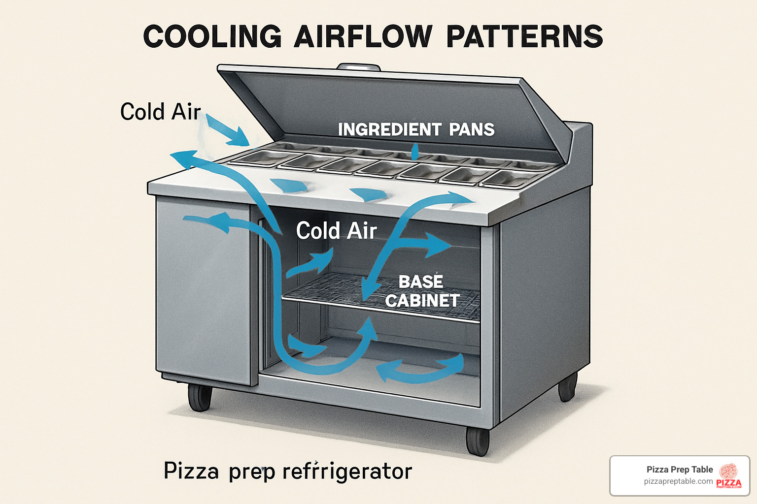 Diagram showing cooling airflow patterns in a pizza prep refrigerator, with arrows indicating cold air circulation around ingredient pans and through the base cabinet – pizza preparation refrigerator