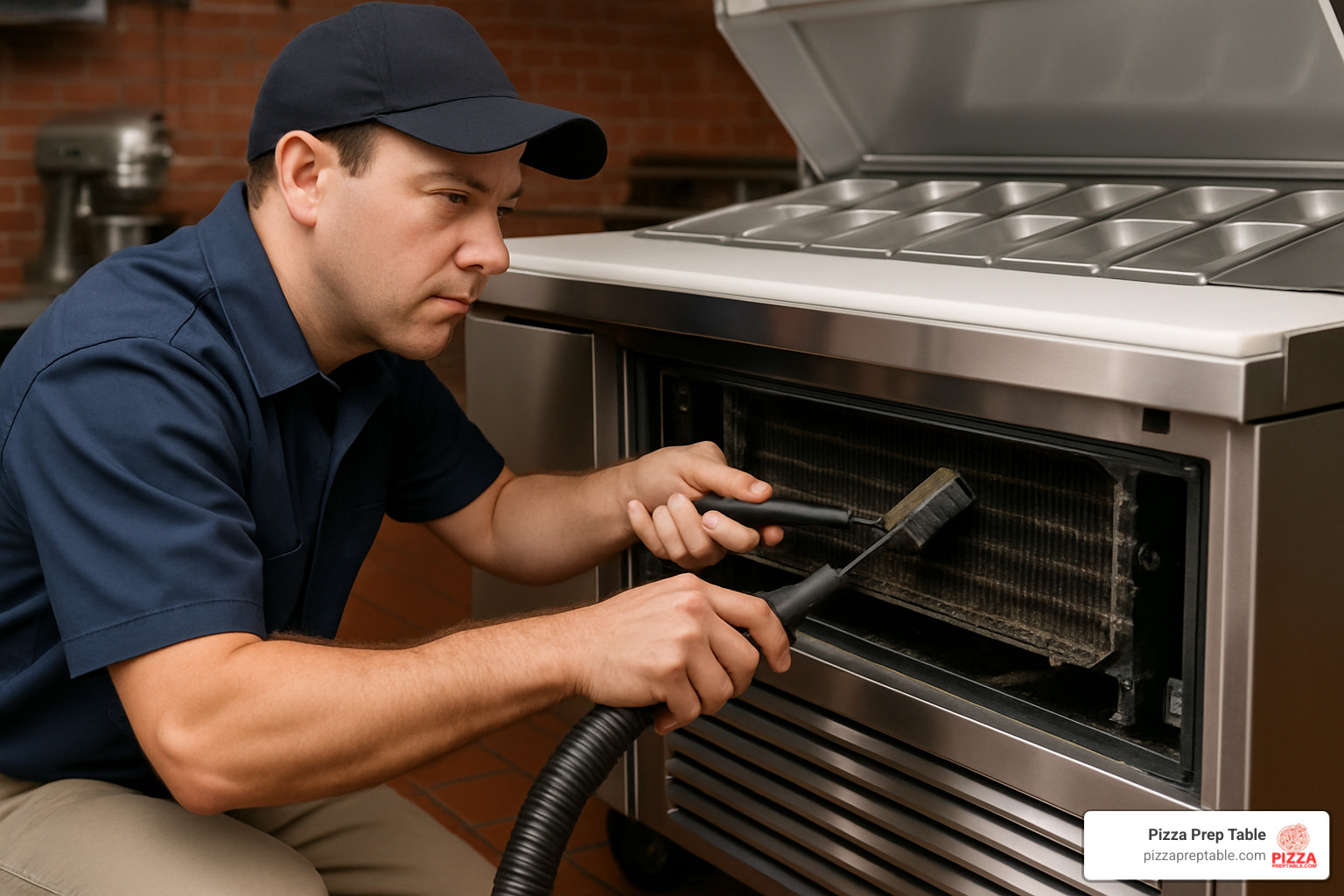 Technician cleaning condenser coils on a pizza prep refrigerator, showing proper maintenance technique with brush and vacuum - pizza preparation refrigerator