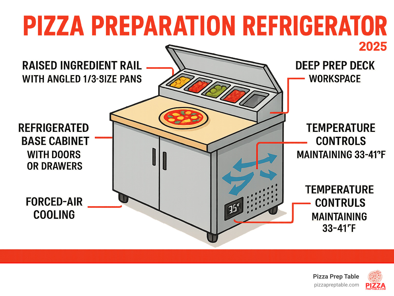 Infographic showing the anatomy of a pizza preparation refrigerator with labeled components: raised ingredient rail with angled 1/3-size pans, deep prep deck workspace, refrigerated base cabinet with doors or drawers, forced-air cooling system, and temperature controls maintaining 33-41 °F – pizza preparation refrigerator infographic