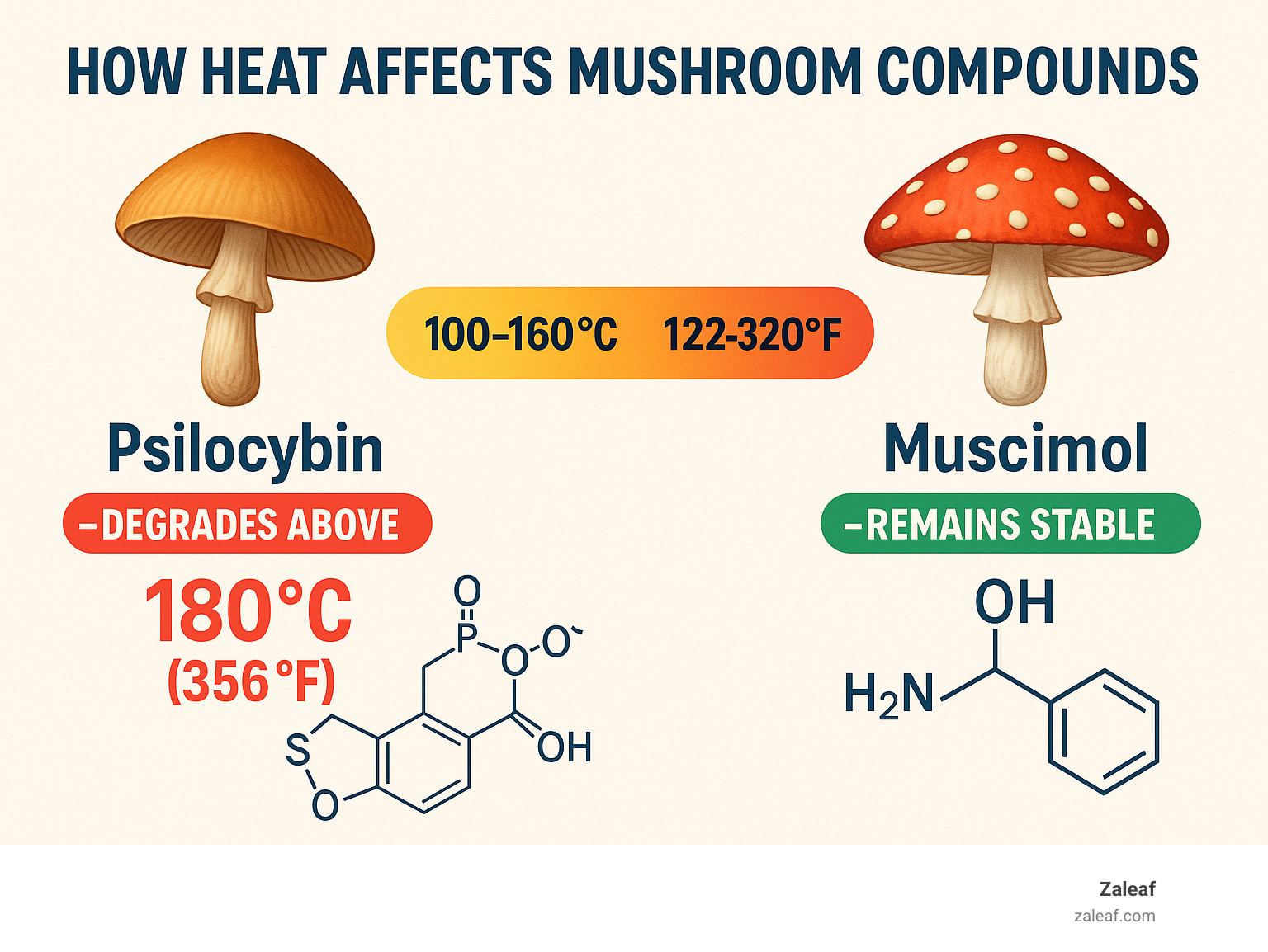 Detailed infographic showing how heat affects different mushroom compounds: psilocybin degrades above 180°C while muscimol remains stable, with temperature ranges and chemical structures illustrated - can you vape mushrooms infographic 