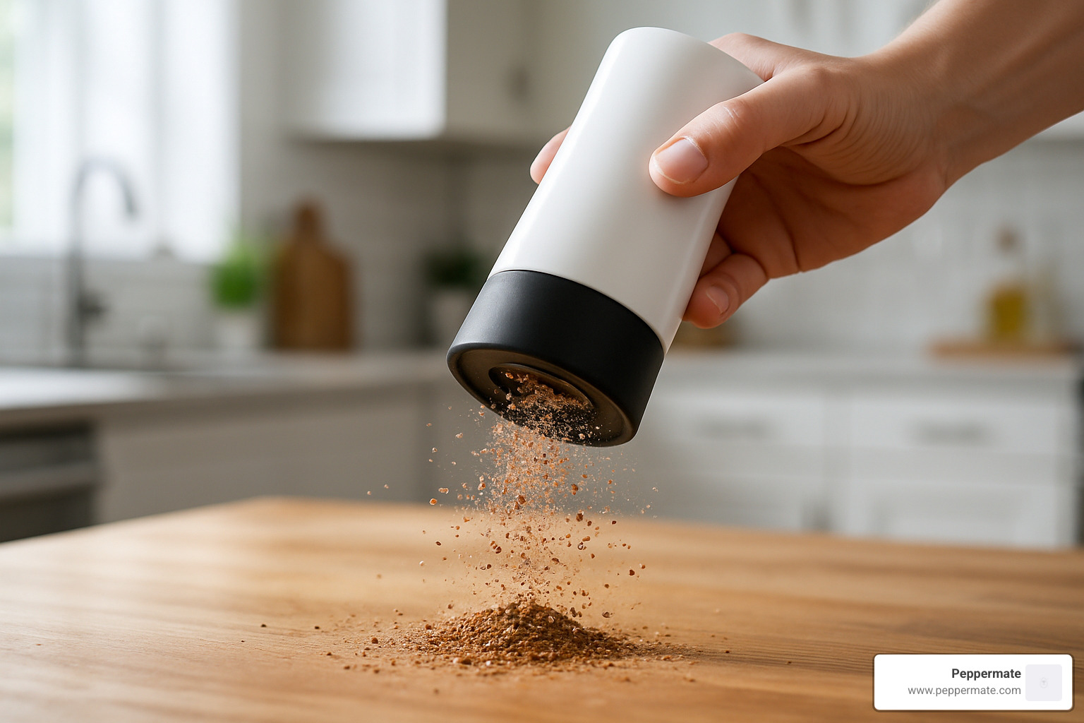 Spice grinding action shot showing fresh ground spices being dispensed - best ceramic spice grinder