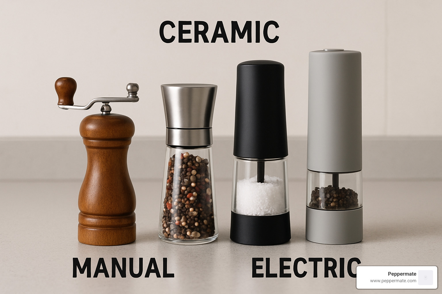 Side-by-side comparison of different ceramic spice grinders showing size and design variations - best ceramic spice grinder