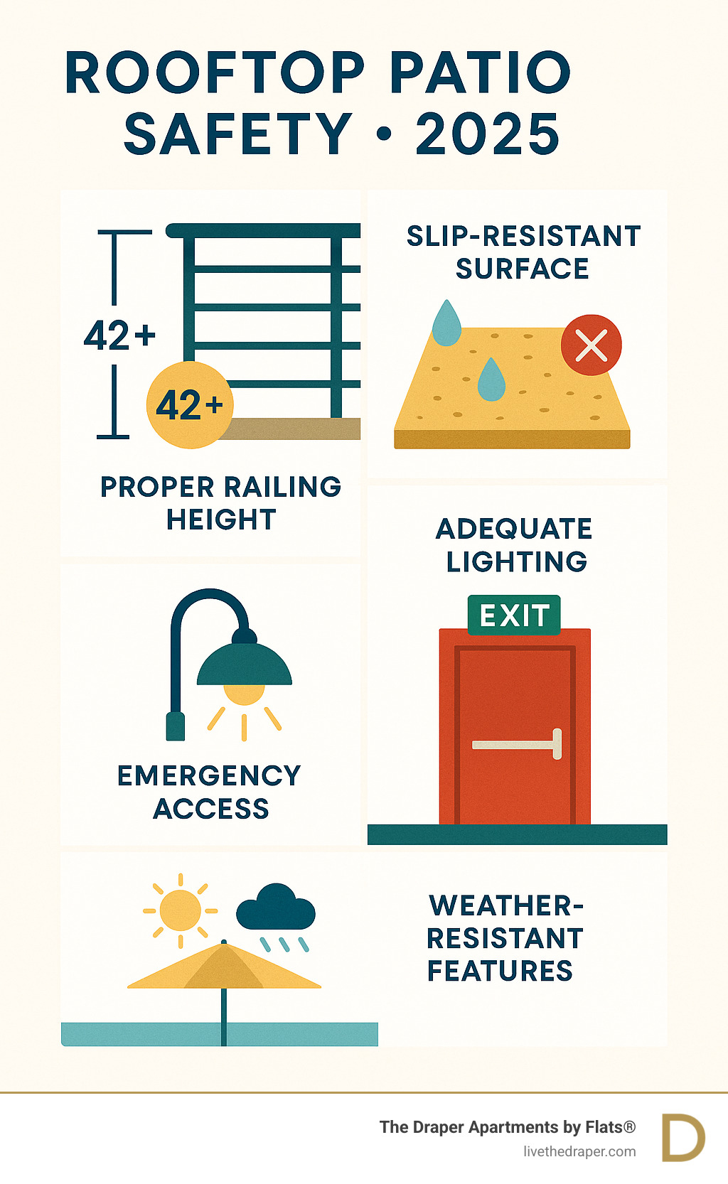 Infographic displaying essential rooftop patio safety statistics including proper railing heights of 42+ inches, slip-resistant surface requirements, adequate lighting levels, emergency access protocols, and weather-resistant features for year-round safety - apartments with rooftop patio infographic 
