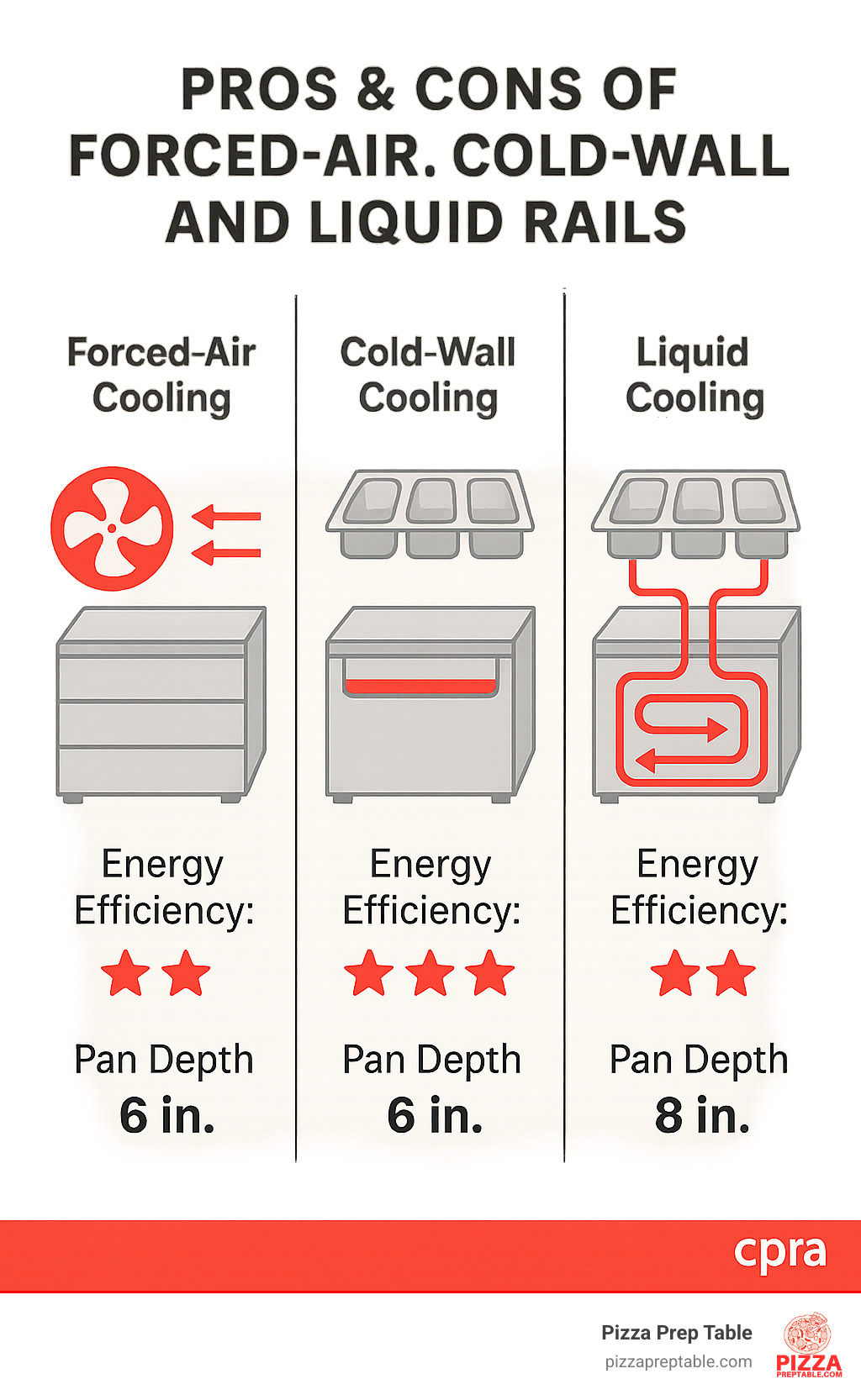 Infographic comparing the three cooling methods: forced-air with fan placement diagrams, cold-wall with conductive plate illustrations, and liquid cooling with glycol loop schematics, showing energy efficiency ratings and pan depth capabilities – pizza preparation refrigerator infographic