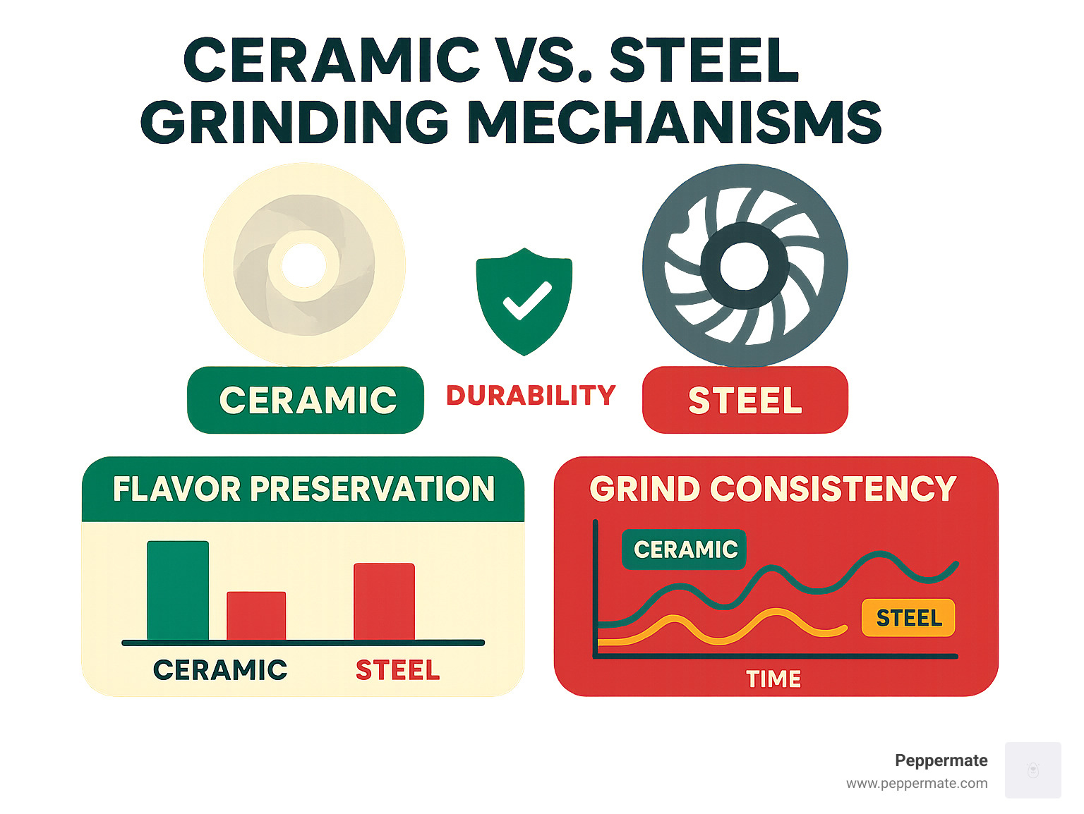 Infographic showing ceramic vs steel grinding mechanisms with durability comparison, flavor preservation benefits, and grind consistency charts - best ceramic spice grinder infographic 