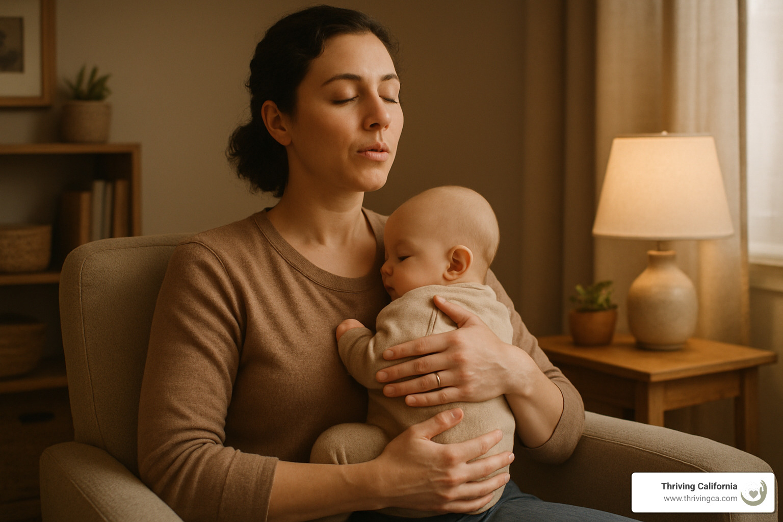 Parent practicing breathing exercises while holding baby - postpartum anxiety help