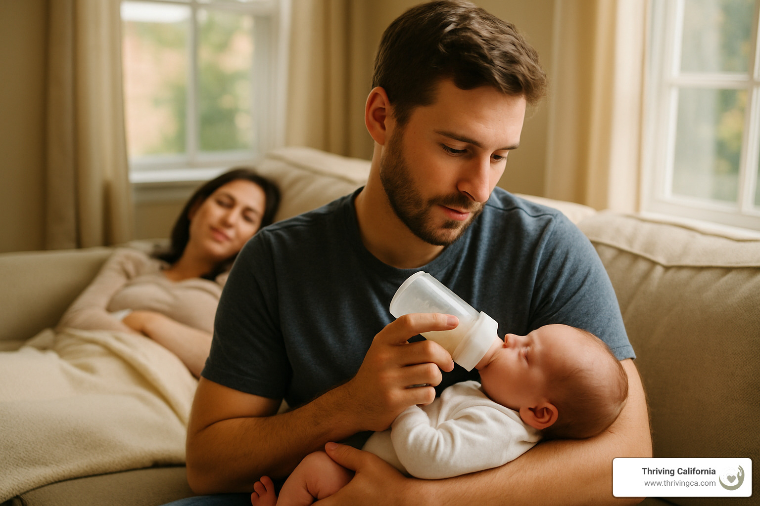 Partner feeding baby with bottle while mother rests - postpartum anxiety help