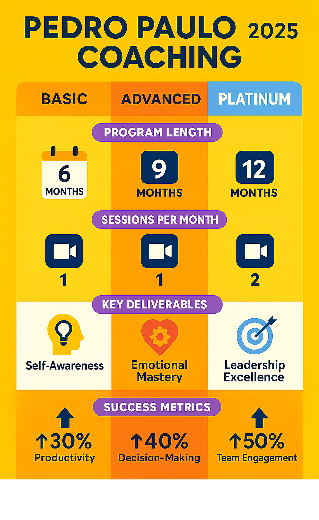Statistical comparison showing program tier lengths, session frequencies, key deliverables, and success metrics across Basic, Advanced, and Platinum tiers of Pedro Paulo Coaching - pedro paulo coaching infographic  Statistical comparison showing program tier lengths, session frequencies, key deliverables, and success metrics across Basic, Advanced, and Platinum tiers of Pedro Paulo Coaching - pedro paulo coaching infographic