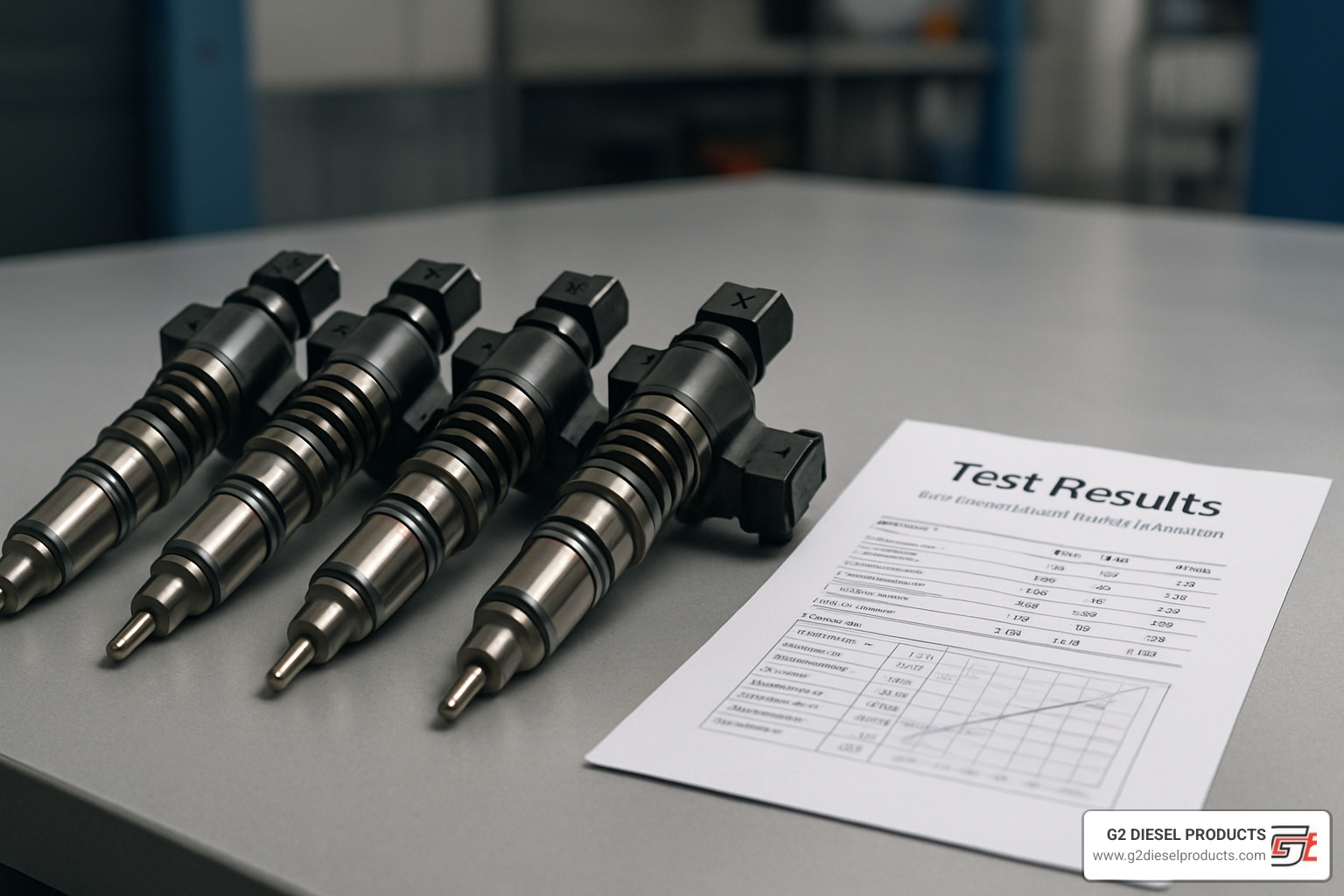 Set of calibrated diesel injectors with documentation showing test results, ready for installation in heavy-duty truck engines - diesel electronic unit injector testing specs