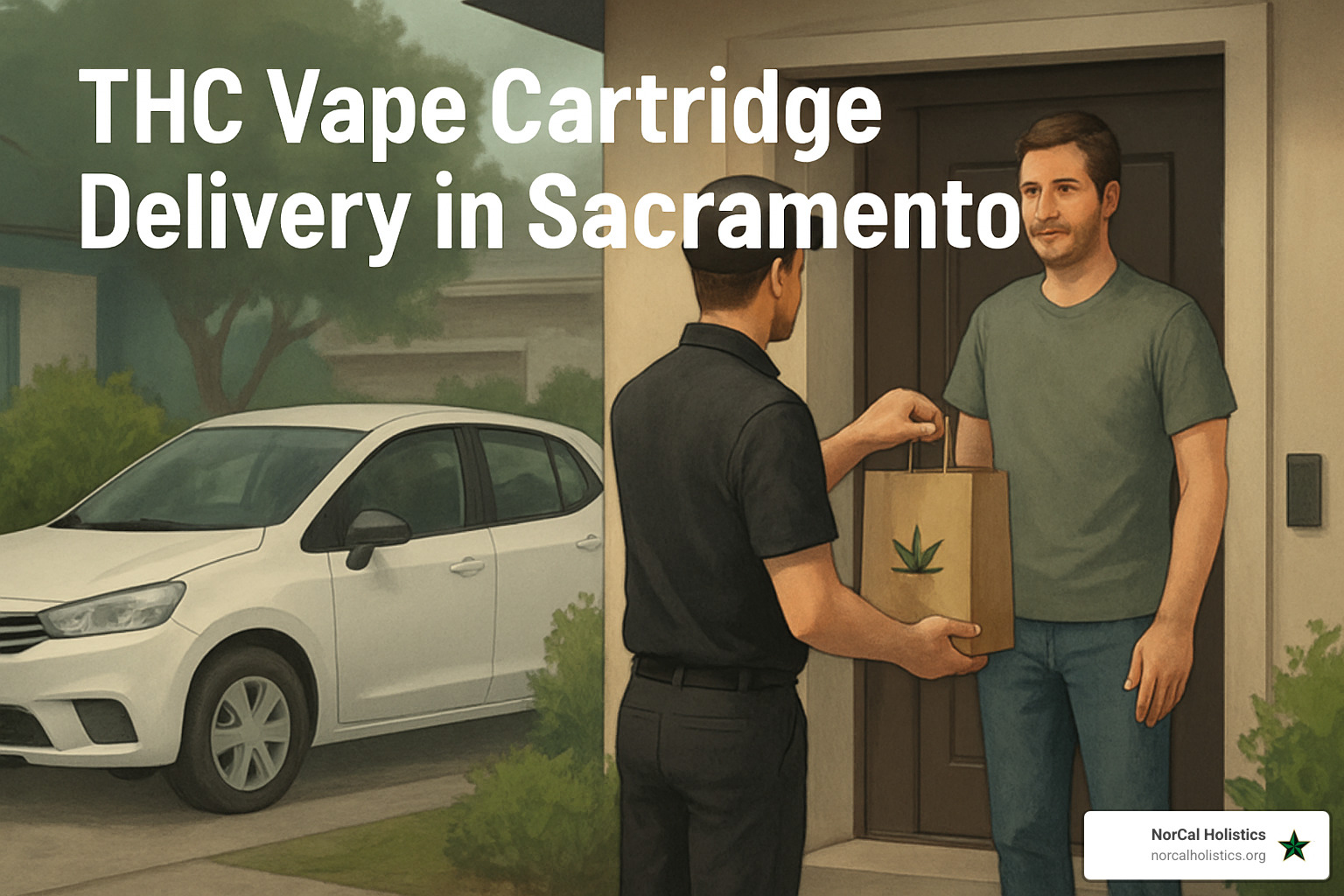 Professional cannabis delivery driver handing package to customer at residential doorstep in Sacramento - thc vape cartridge delivery