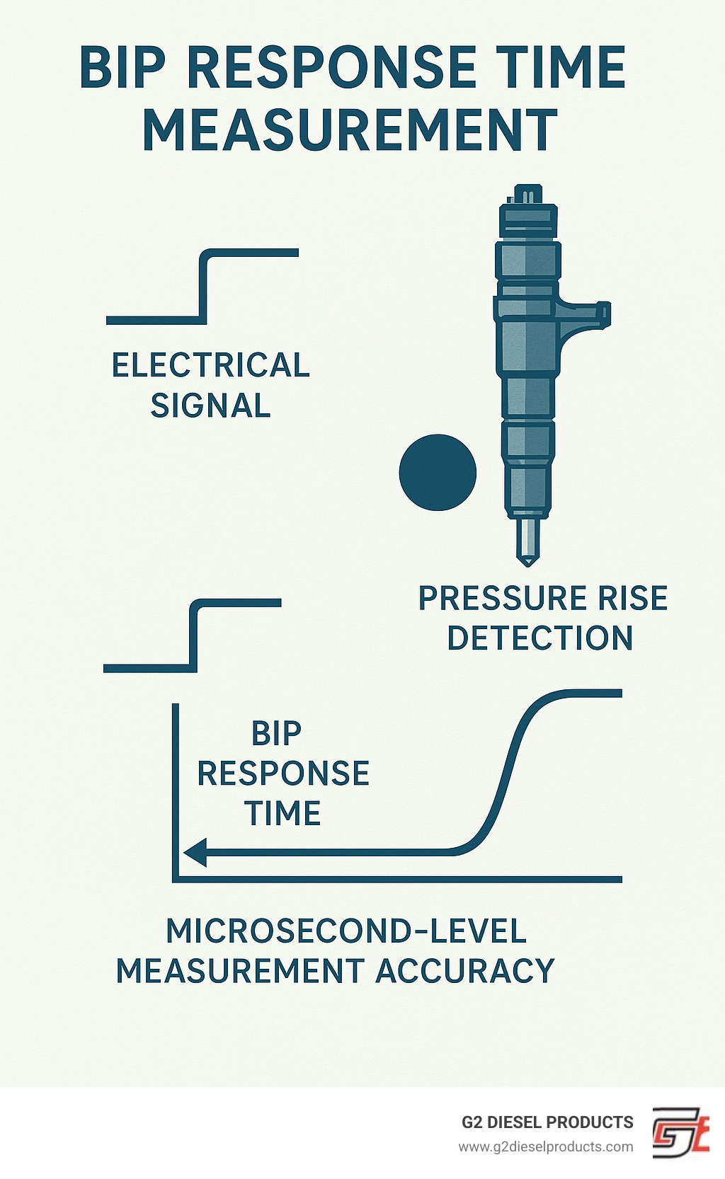 Detailed infographic showing BIP response time measurement process with electrical signal timing, pressure rise detection, and microsecond-level measurement accuracy - diesel electronic unit injector testing specs infographic 