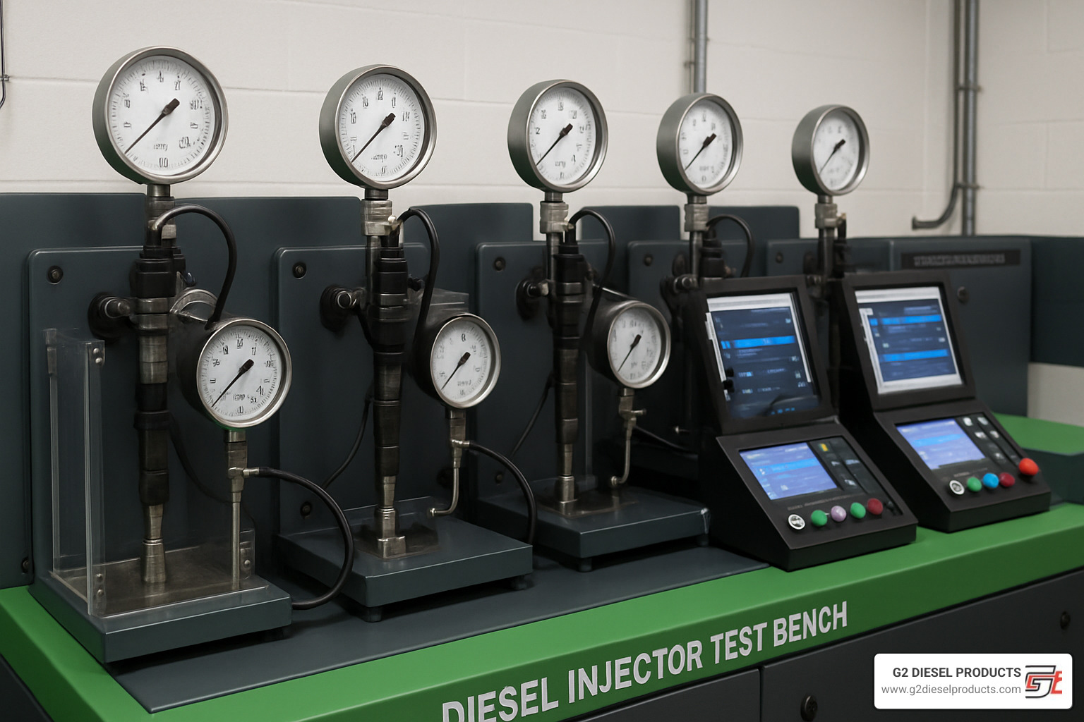Modern diesel test bench setup showing multiple injector testing stations with pressure monitoring, flow measurement equipment, and computerized control systems - diesel electronic unit injector testing specs