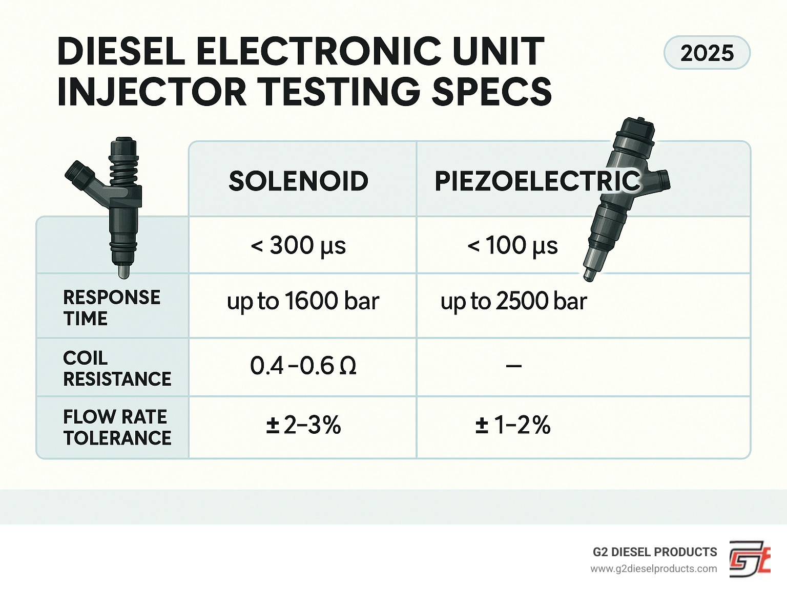 Comparison table showing solenoid versus piezoelectric injector test parameters including response times, operating pressures, coil resistance specifications, and flow rate tolerances - diesel electronic unit injector testing specs infographic 