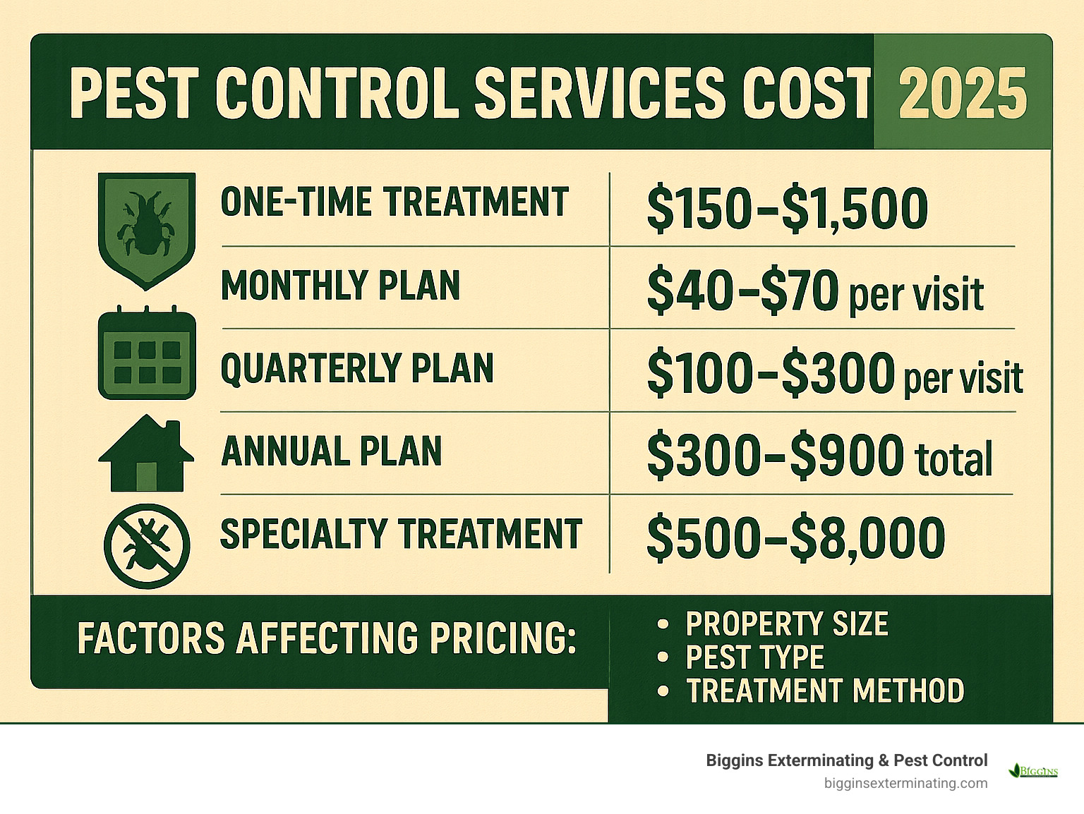 Comprehensive breakdown of pest control services cost showing one-time treatments ranging from $150-$1,500, monthly plans at $40-$70 per visit, quarterly plans at $100-$300 per visit, annual plans totaling $300-$900, and specialty treatments from $500-$8,000, with factors like property size, pest type, and treatment method affecting final pricing - pest control services cost infographic 