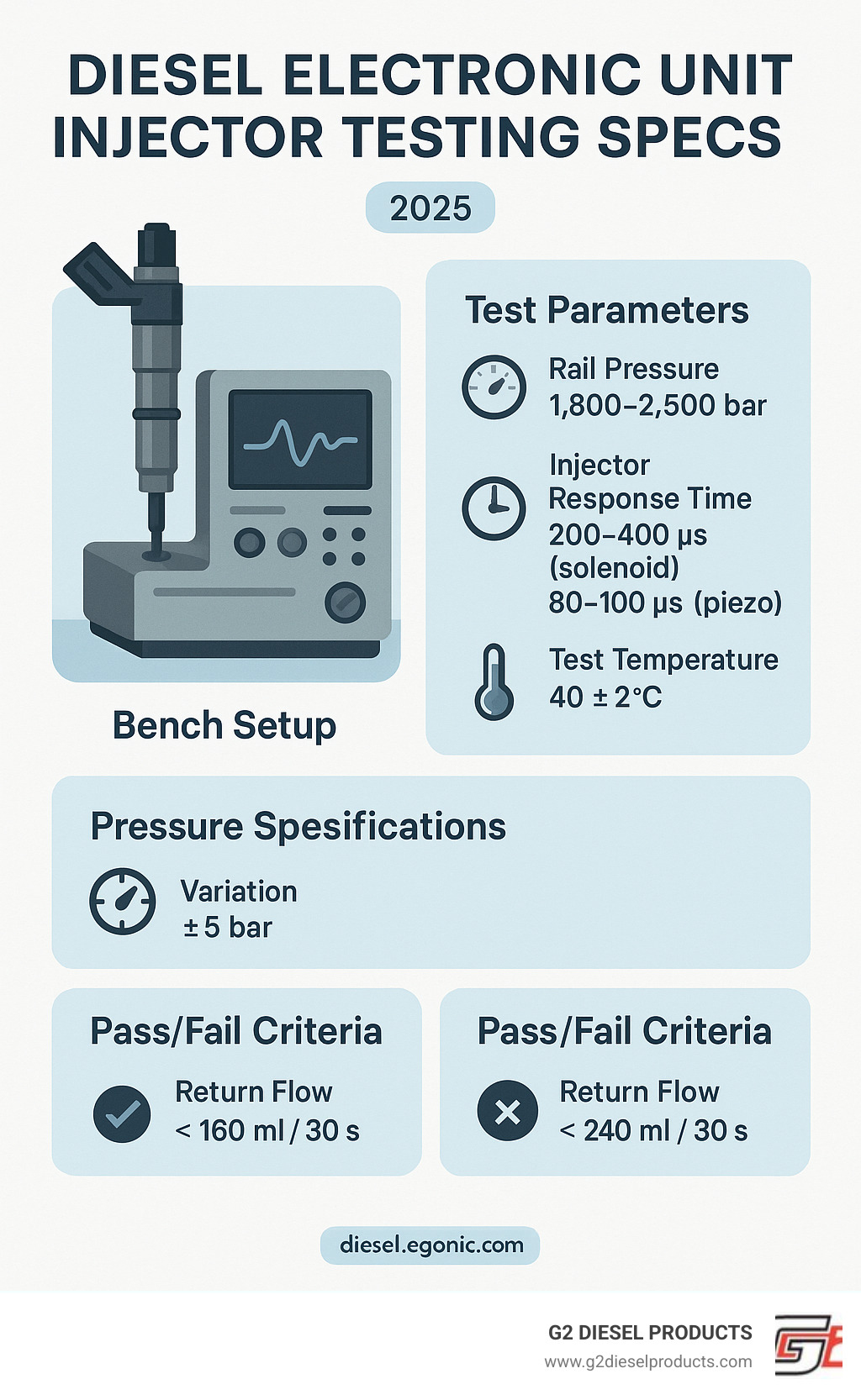 Comprehensive diesel electronic unit injector testing workflow showing bench setup, test parameters, pressure specifications, and pass/fail criteria with measurement tolerances - diesel electronic unit injector testing specs infographic 