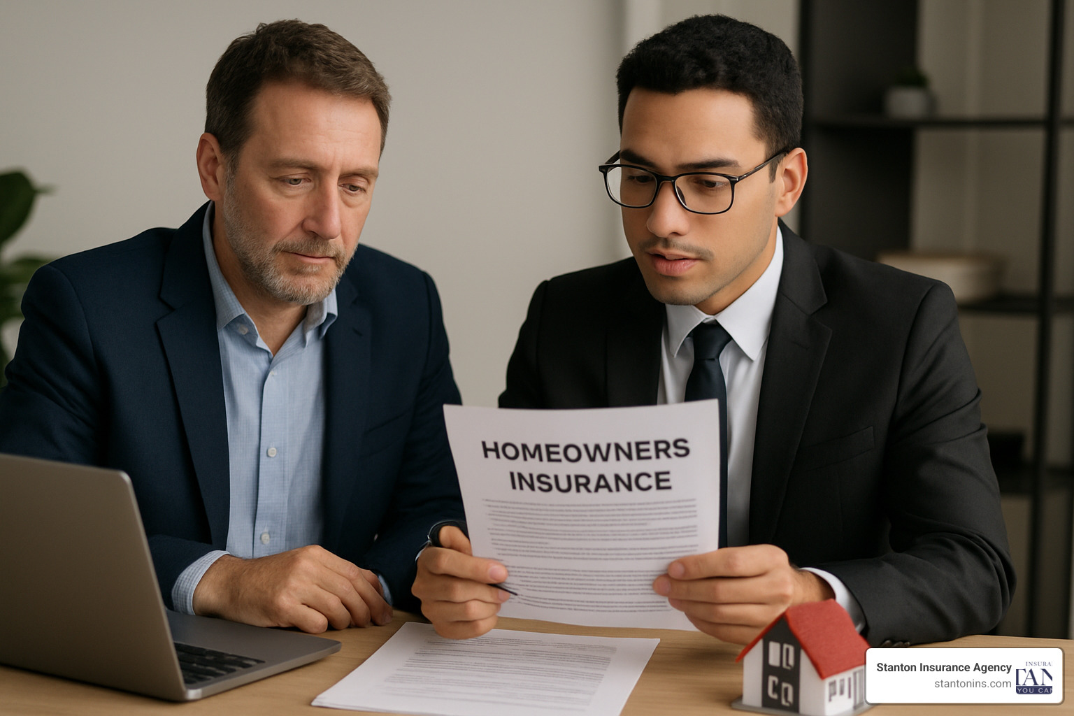 Landlord reviewing insurance policy with agent - homeowners insurance for multi family
