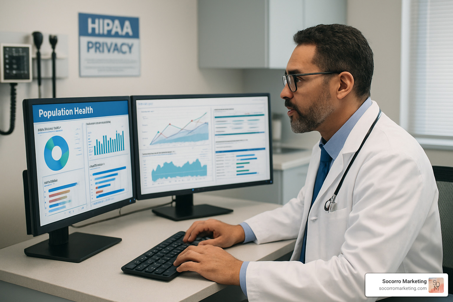 Healthcare professional analyzing population health data on multiple screens - population health analytics solutions Healthcare professional analyzing population health data on multiple screens - population health analytics solutions