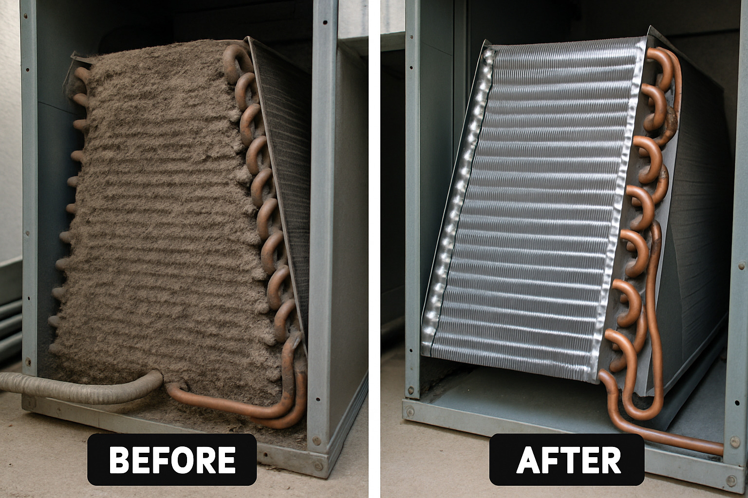 Before and after comparison of dirty vs clean AC coils showing dramatic difference in cleanliness and efficiency - hvac social media posts