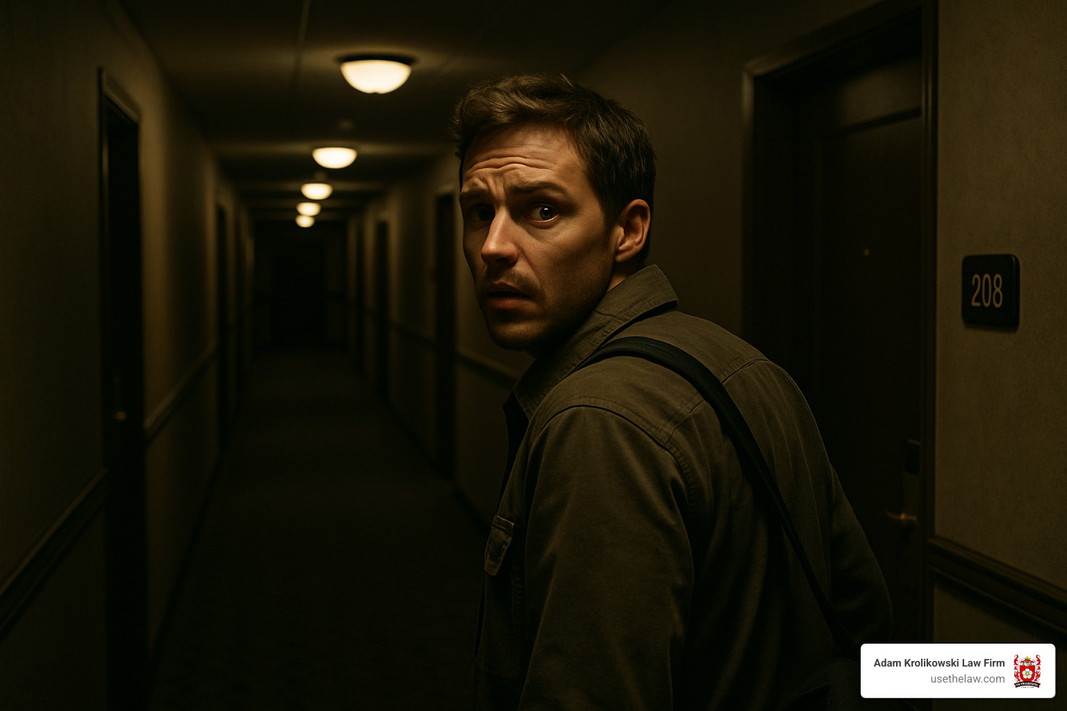 Anxious hotel guest walking through dimly lit hallway - hotel negligent security lawyer