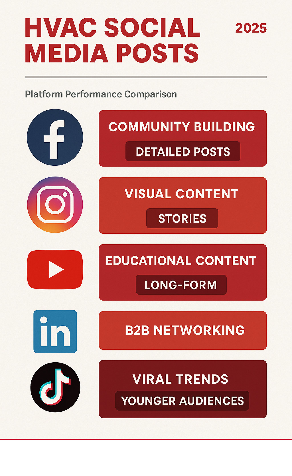 Infographic comparing platform strengths vs content types showing Facebook excels at community building and detailed posts, Instagram dominates visual content and stories, YouTube leads in educational long-form content, LinkedIn tops B2B networking, and TikTok wins for viral trends and younger audiences - hvac social media posts infographic 