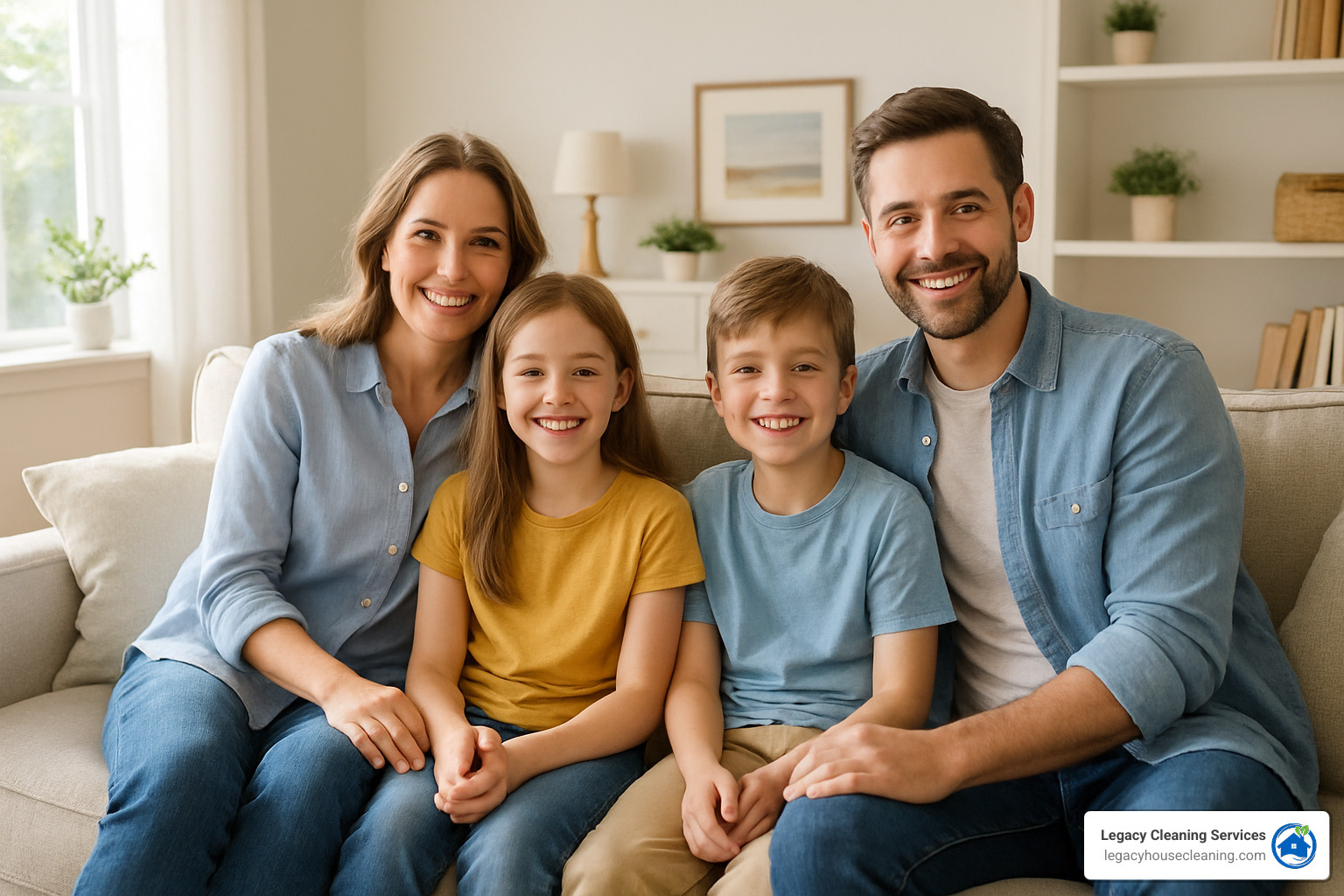 Happy family relaxing in their clean home instead of spending time cleaning - bi weekly cleaning Fitchburg
