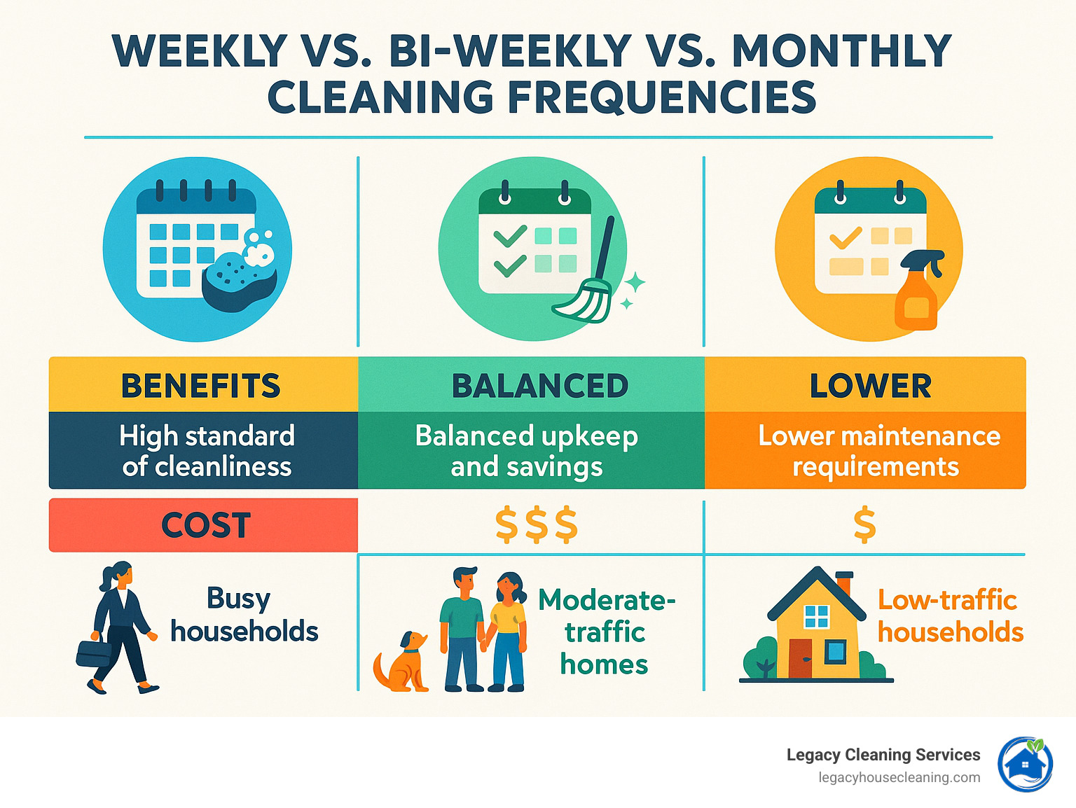 Infographic showing comparison of weekly vs bi-weekly vs monthly cleaning frequencies with benefits, costs, and ideal household types for each option - bi weekly cleaning Fitchburg infographic