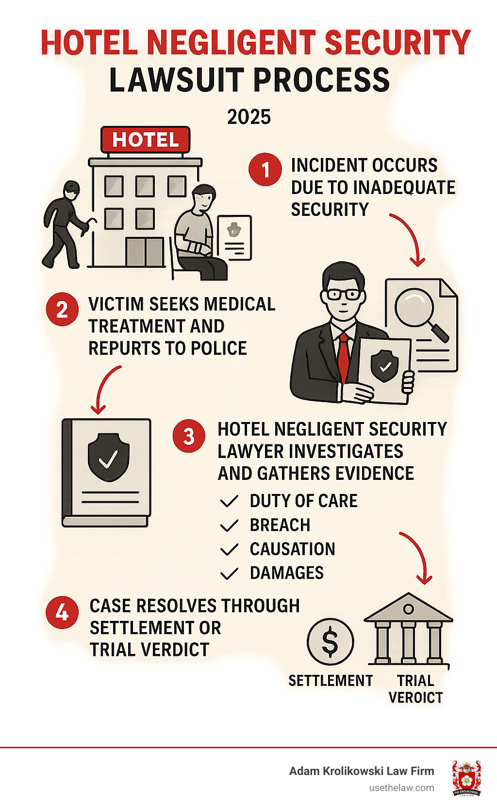Infographic showing the hotel negligent security lawsuit process: 1) Incident occurs due to inadequate security, 2) Victim seeks medical treatment and reports to police, 3) Hotel negligent security lawyer investigates and gathers evidence, 4) Lawyer proves four elements: duty of care, breach, causation, and damages, 5) Case resolves through settlement or trial verdict - hotel negligent security lawyer infographic 