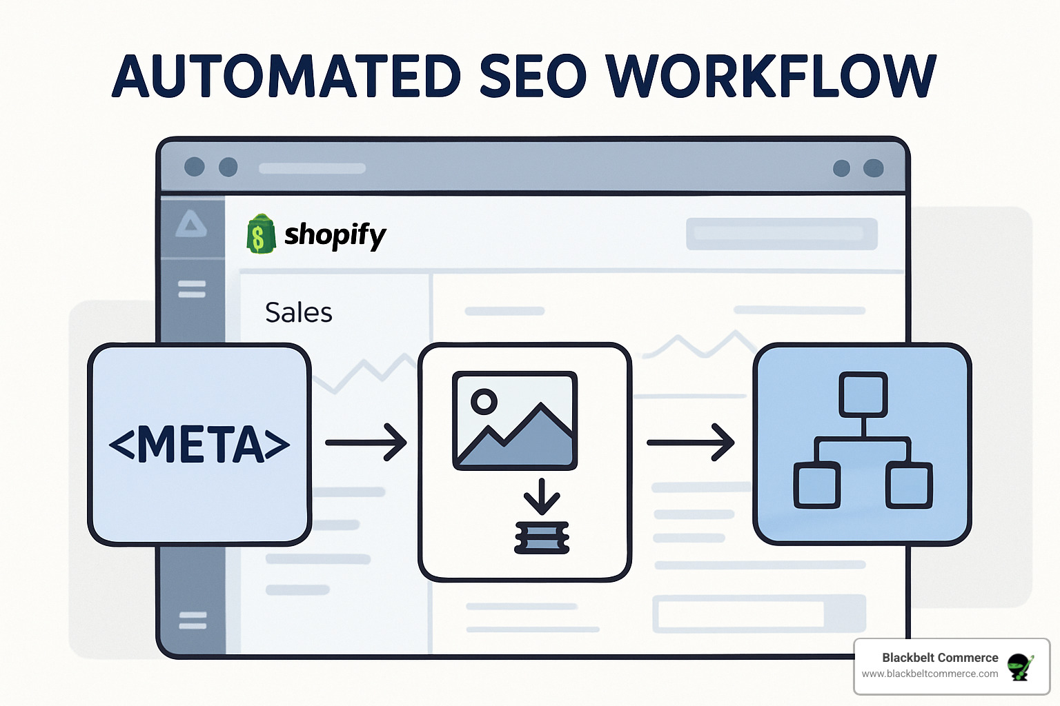 Automated SEO workflow showing how apps handle meta tags, image optimization, and sitemap updates - shopify app seo