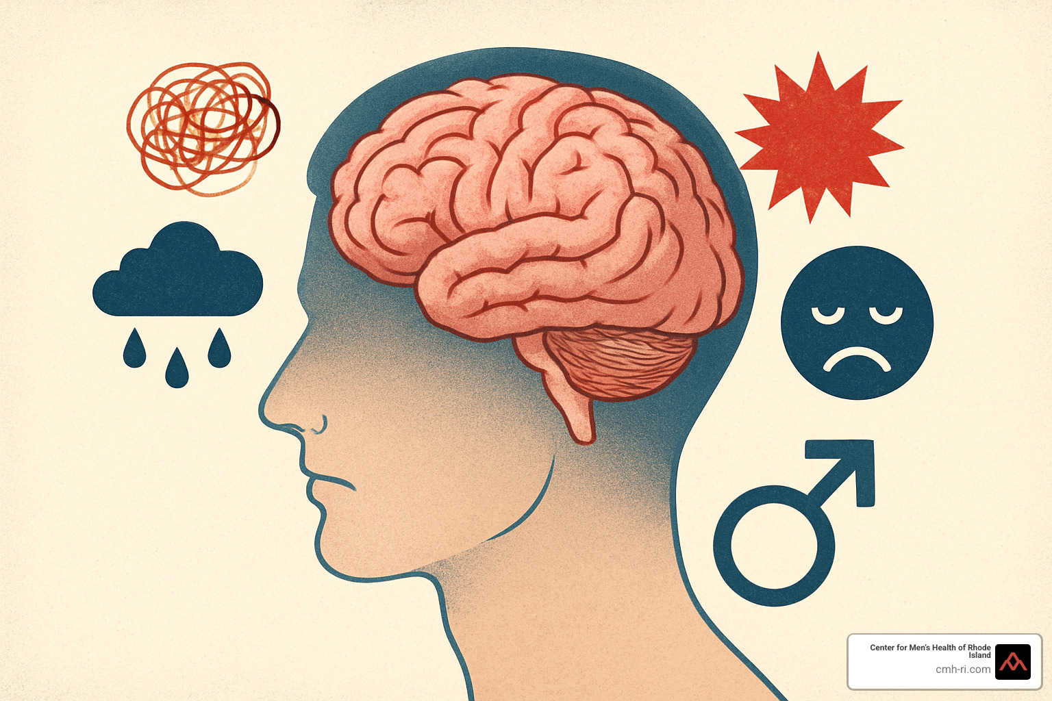 brain-mind connection illustration showing psychological factors affecting erectile function - causes of ed