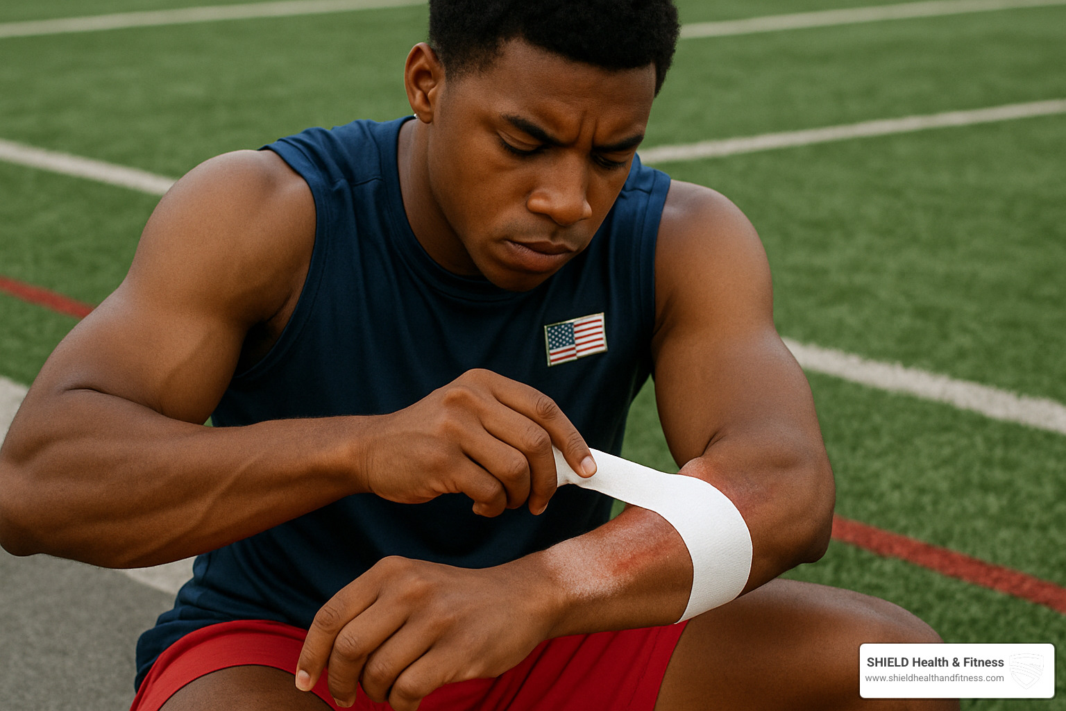 Athlete applying turf burn tape to forearm with proper technique demonstration - turf burn tape