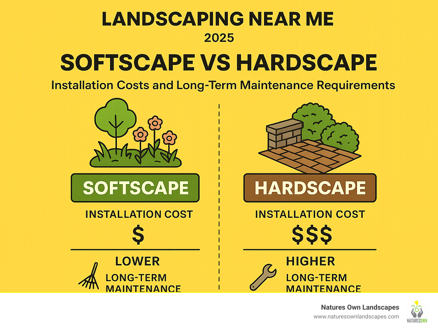 Infographic comparing softscape vs hardscape installation costs and long-term maintenance requirements - landscaping near me infographic 