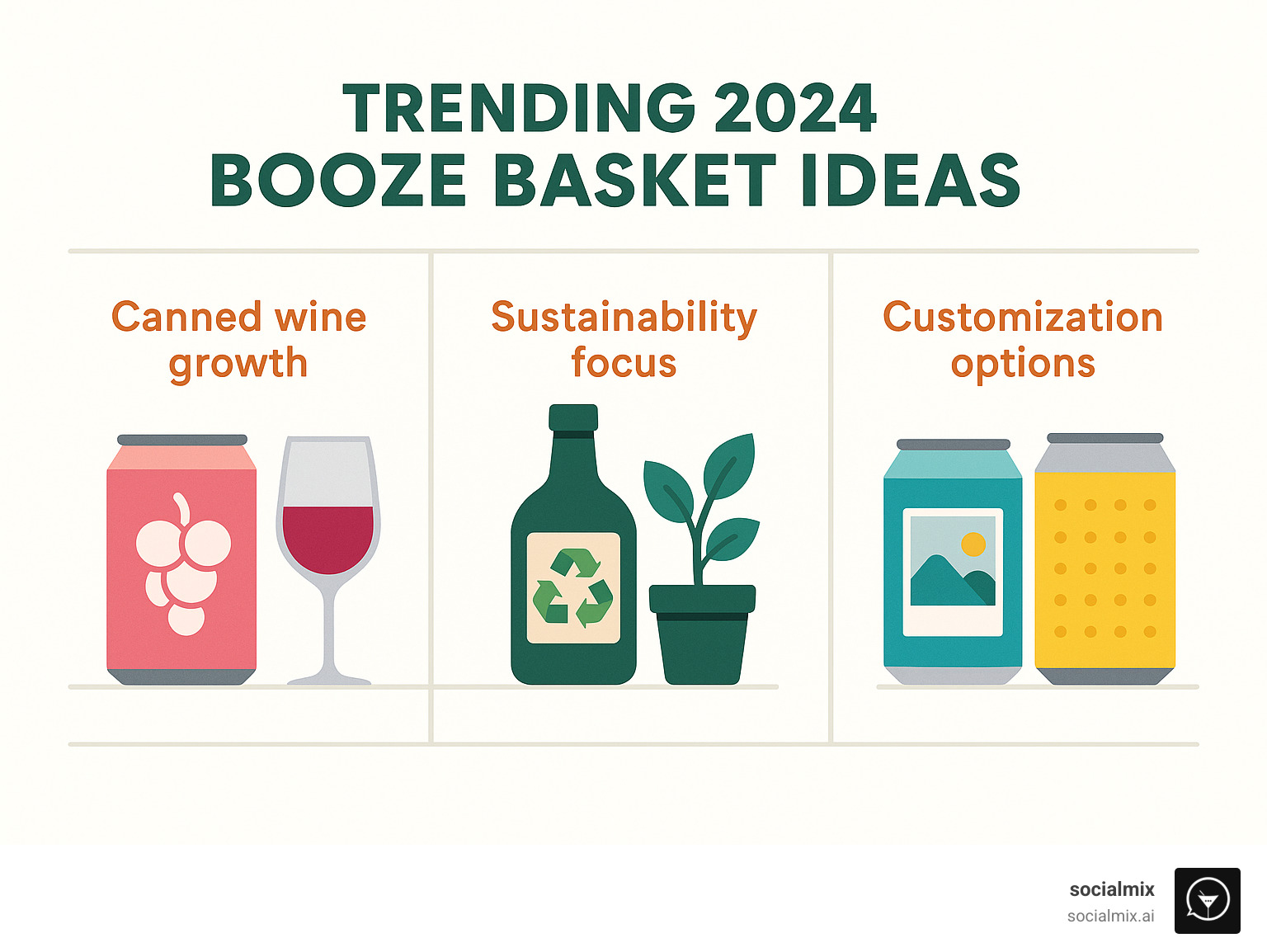 Infographic showing 2024 booze basket trends including canned wine growth, sustainability focus, and customization options - booze basket ideas infographic 