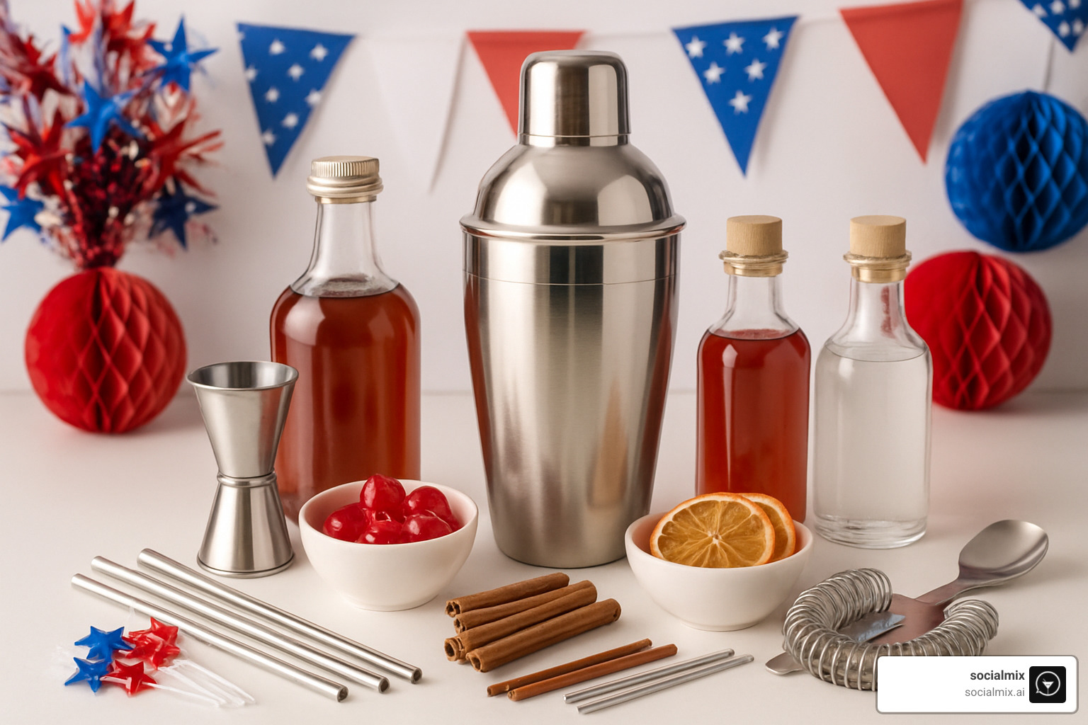 themed cocktail kit with shaker, jigger, and garnish tools - booze basket ideas