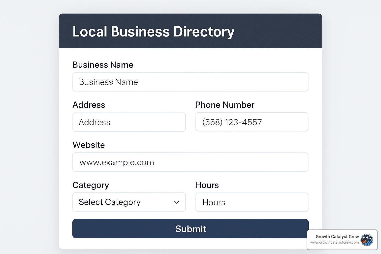 Directory submission form interface showing business information fields - local business directory submissions