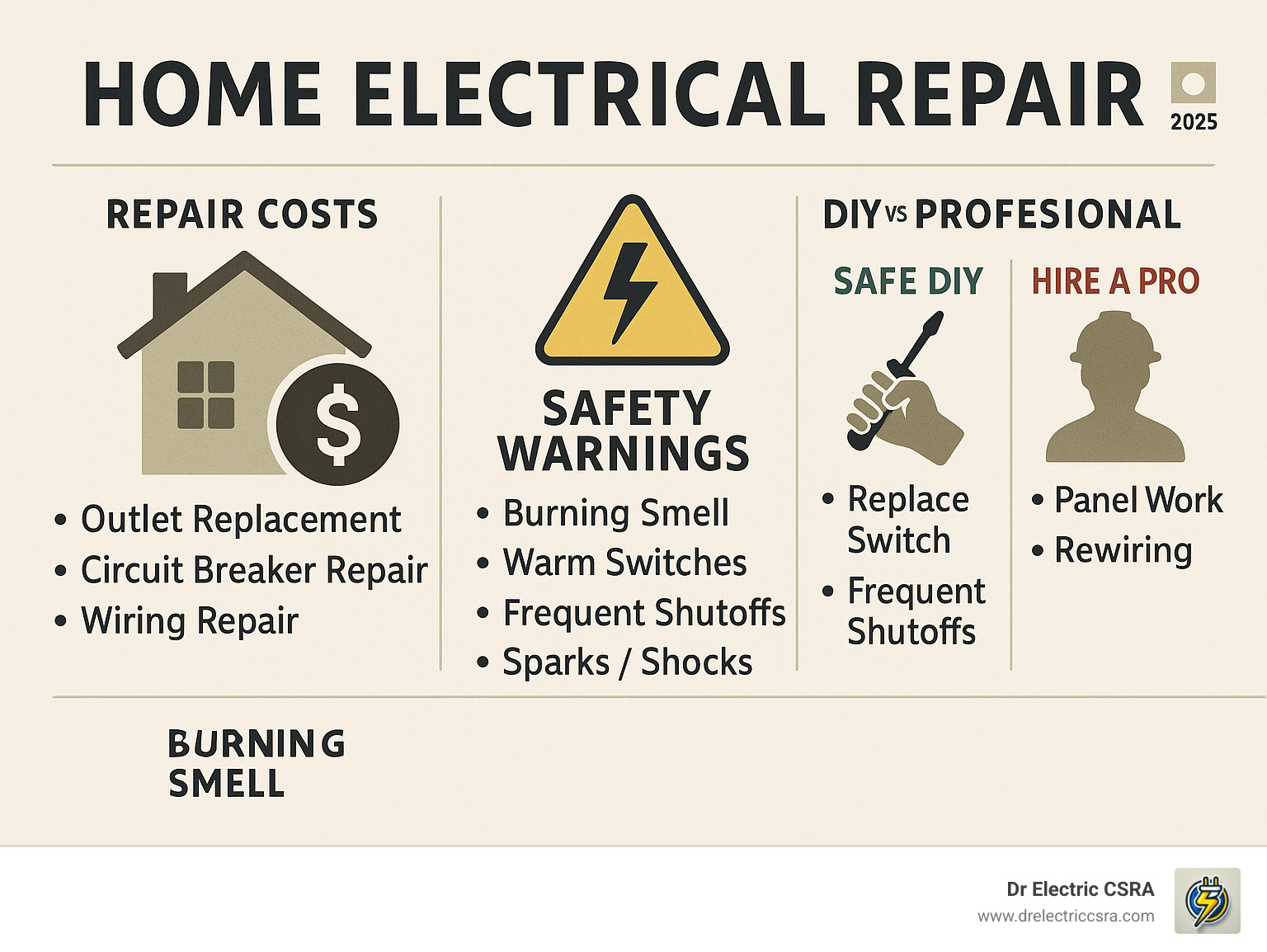 Comprehensive guide showing home electrical repair costs, safety warnings, and when to call professionals vs DIY solutions - home electrical repair infographic 